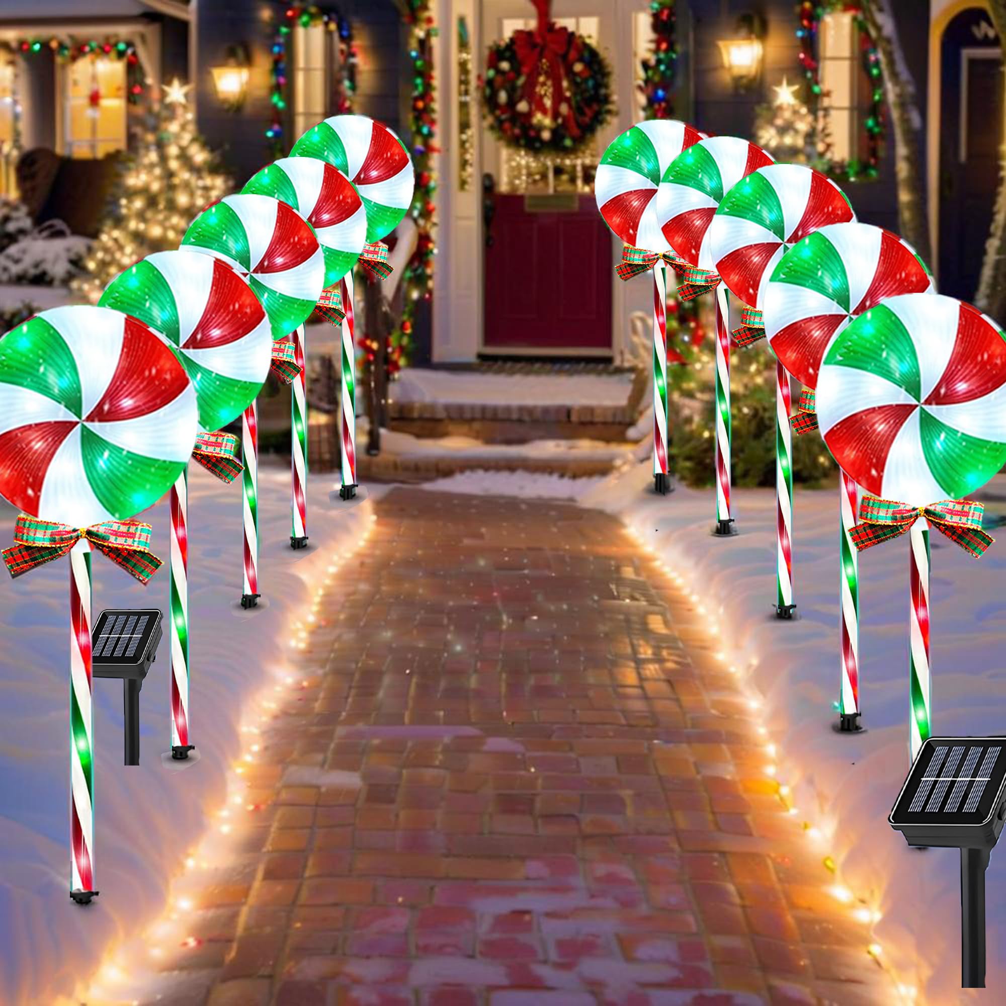 Ijmio 10 Packs Christmas Pathway Lollipop Lights With Bow Tie Solar Powered Outdoor Waterproof Xmas Candy Cane Path Landscape Decorative Stake Lights 2 Solar Panel + 10 Lights