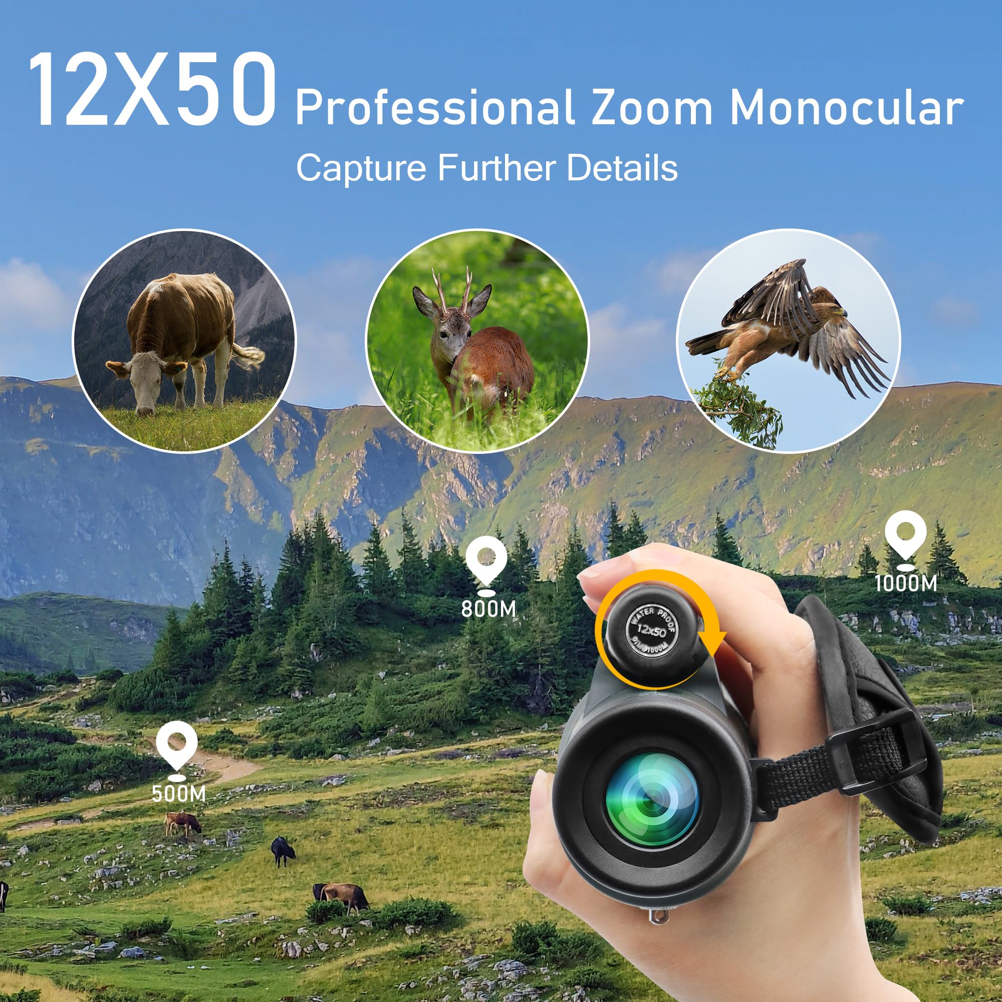 Astromania Monocular Telescope 12X50 Hd K9 Prism - High Power & Compact, Waterproof, Fogproof, Shockproof For Birdwatching, Camping, Wildlife - Multi-Coated Optics, Rubber Armor & Non-Slip Grip