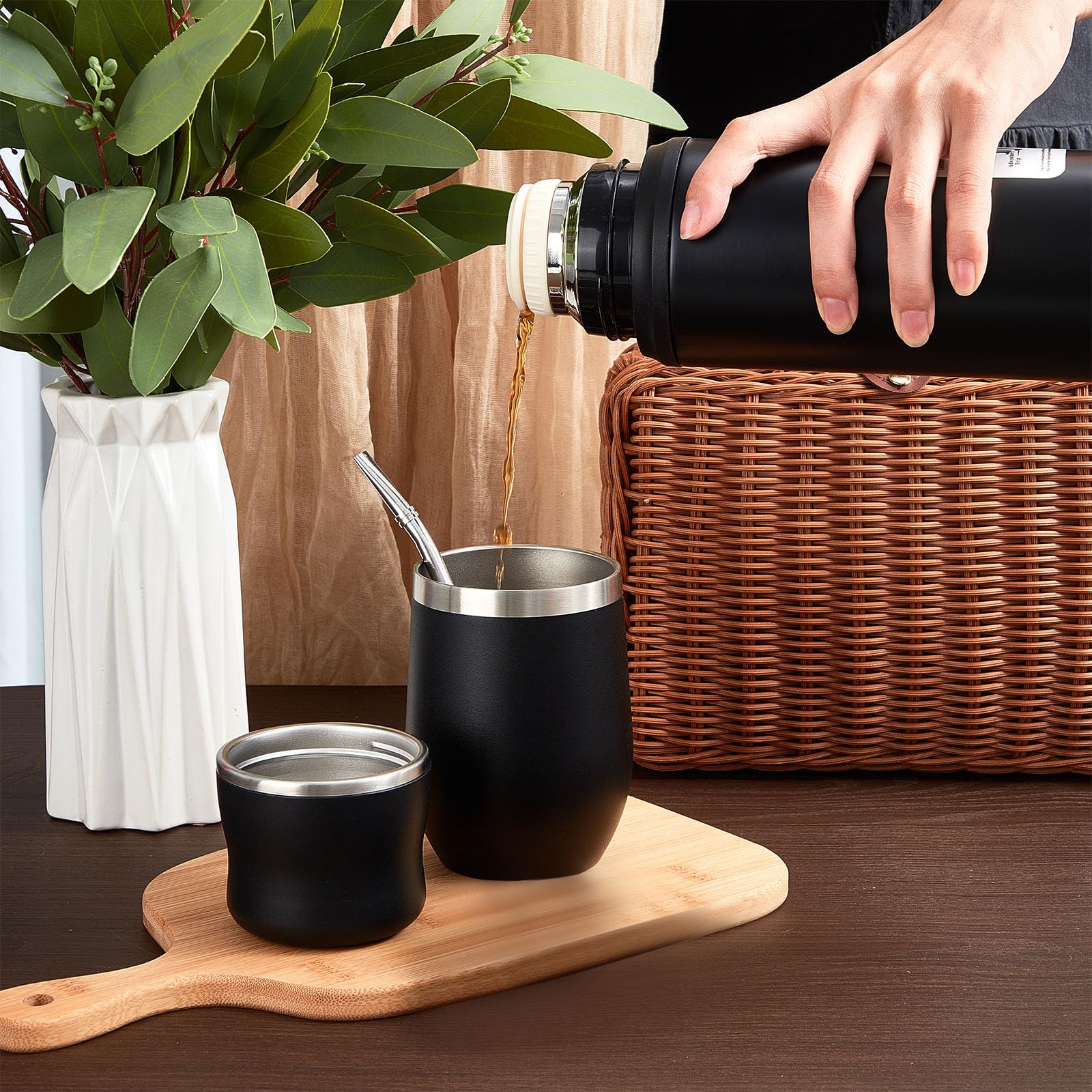 Dandat 2-Piece Yerba Mate Cup And Vacuum Bottle Kit - 12 Oz Yerba Mate Gourd Cup