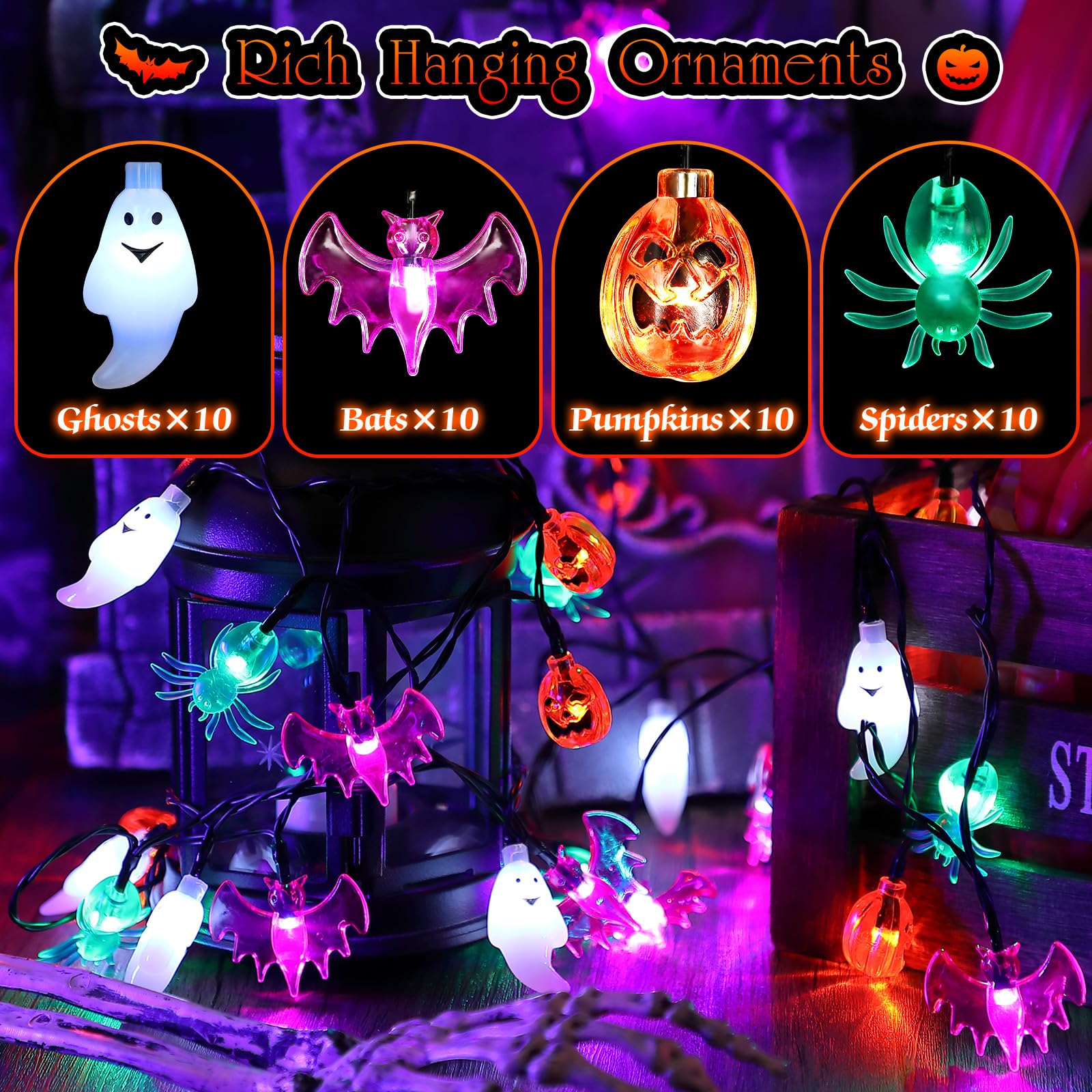 Enhon Halloween Lights, 26 Ft 40Led Solar Halloween Pumpkin Bat Ghost Spider Lights For Decoration, Ip44 Waterproof Lights With 8 Modes For Garden(Orange, Cool White, Green, Dark Purple,1 Pc)