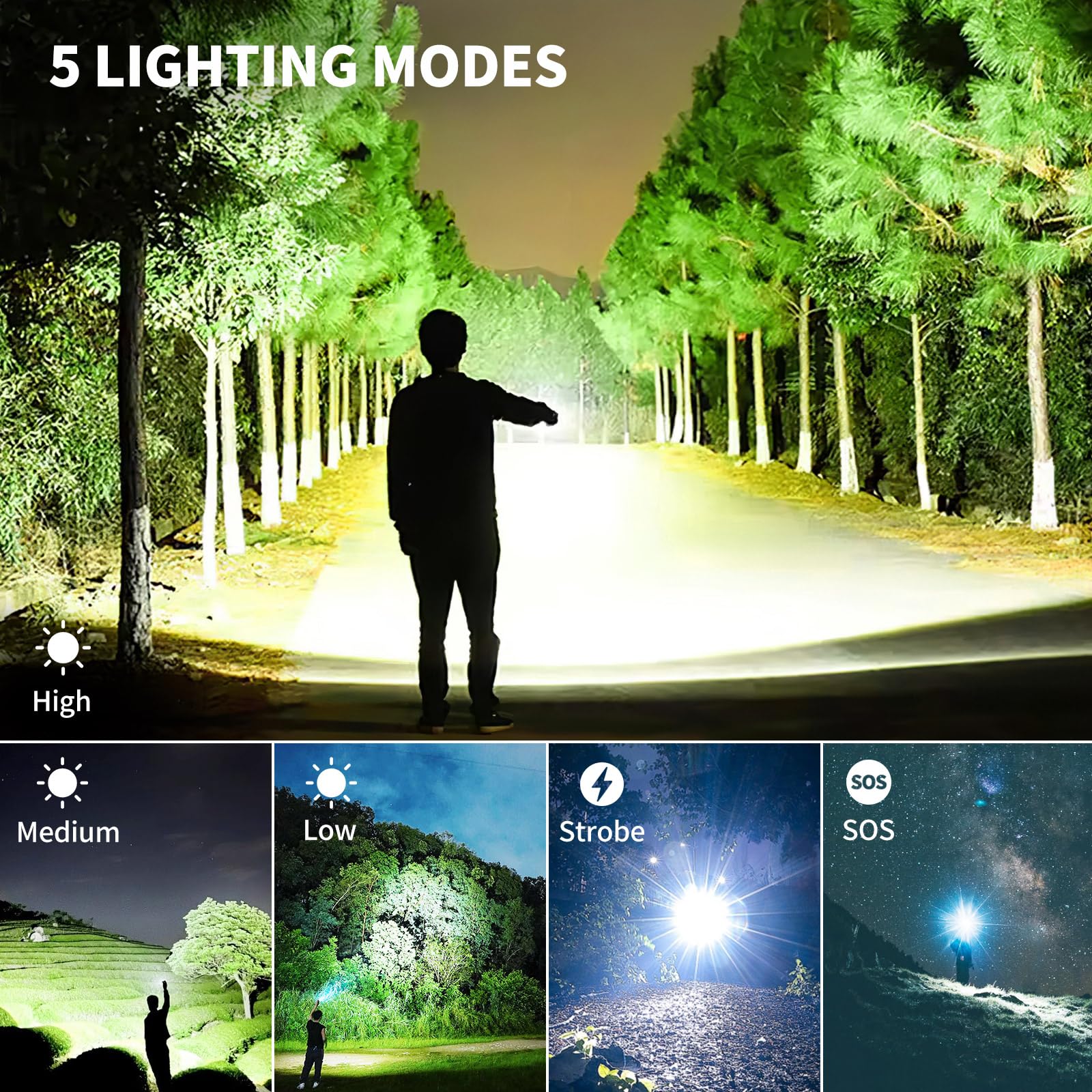 Cinlinso Flashlights High Lumens Rechargeable - 990000 Lumens Super Bright Led Flashlight With 5 Modes, Ipx7 Waterproof, Powerful Handheld Flash Light For Home, Camping Hiking (Glossy Black)