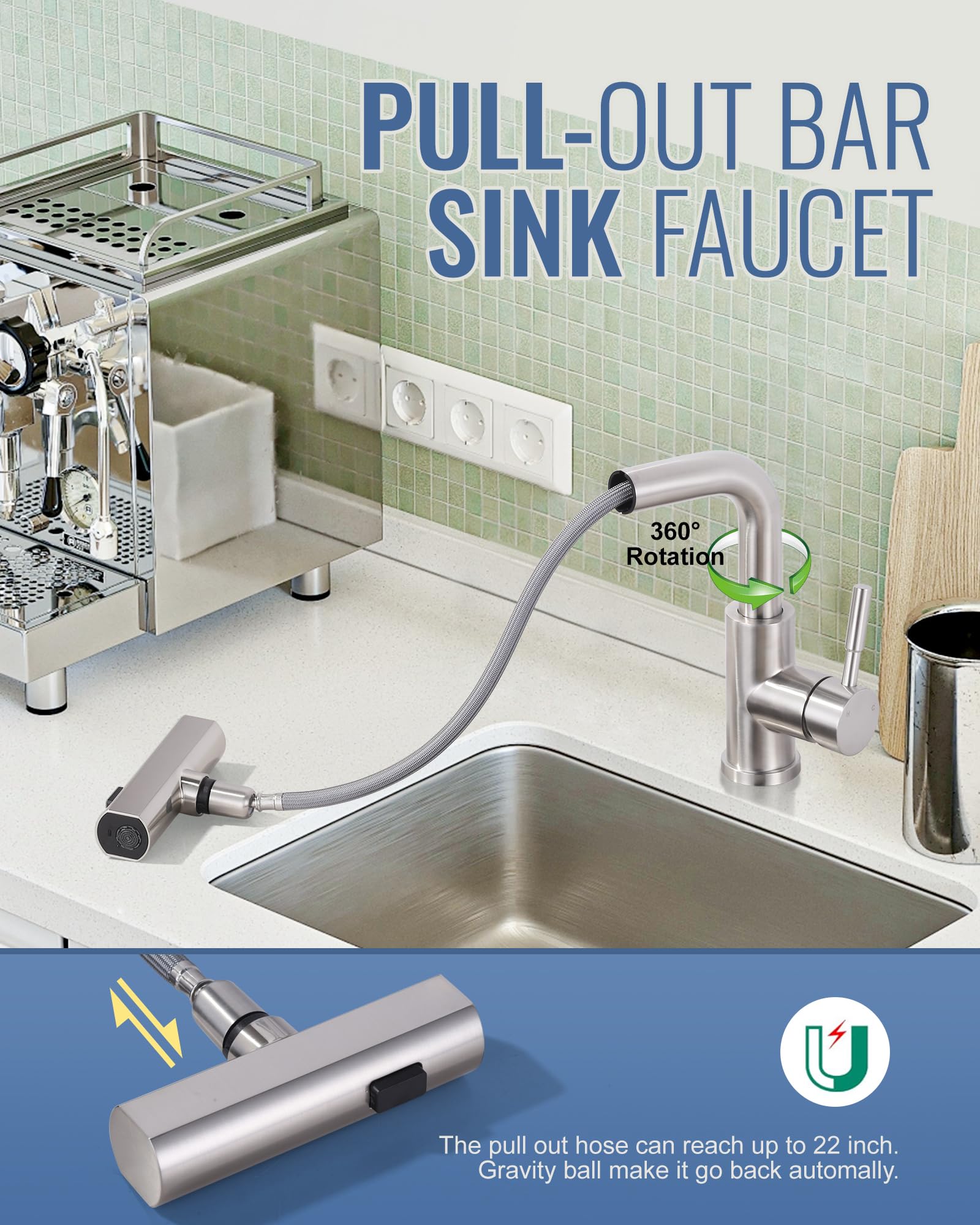 Aleasha Bar Sink Faucet Single Hole, 3 Water Modes Wet Bar Faucets With Pull Out Sprayer, Prep Sink Faucet 360 Swivel For Small Kitchen Bathroom Faucets With Cupc Supply Lines, Brushed Nickel