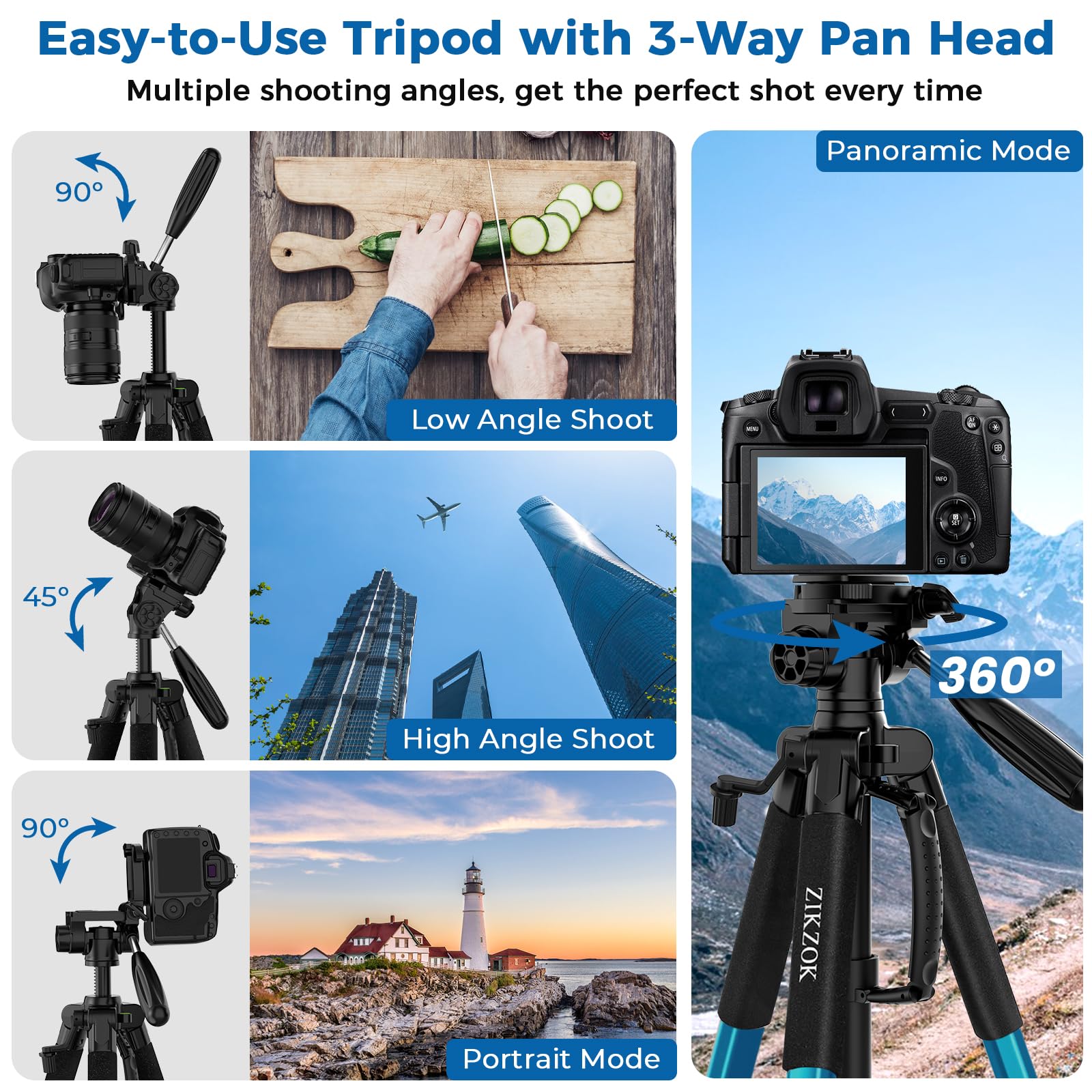 Zikzok 75" Heavy Duty Camera Tripod Stand With Bluetooth Remote - Max Load 15Lb, Aluminum Travel Tripod For Dslr/Phone/Tablet/Projector, 3-Way Pan Head & Quick Release Plate, Compact Foldable Design (Blue)