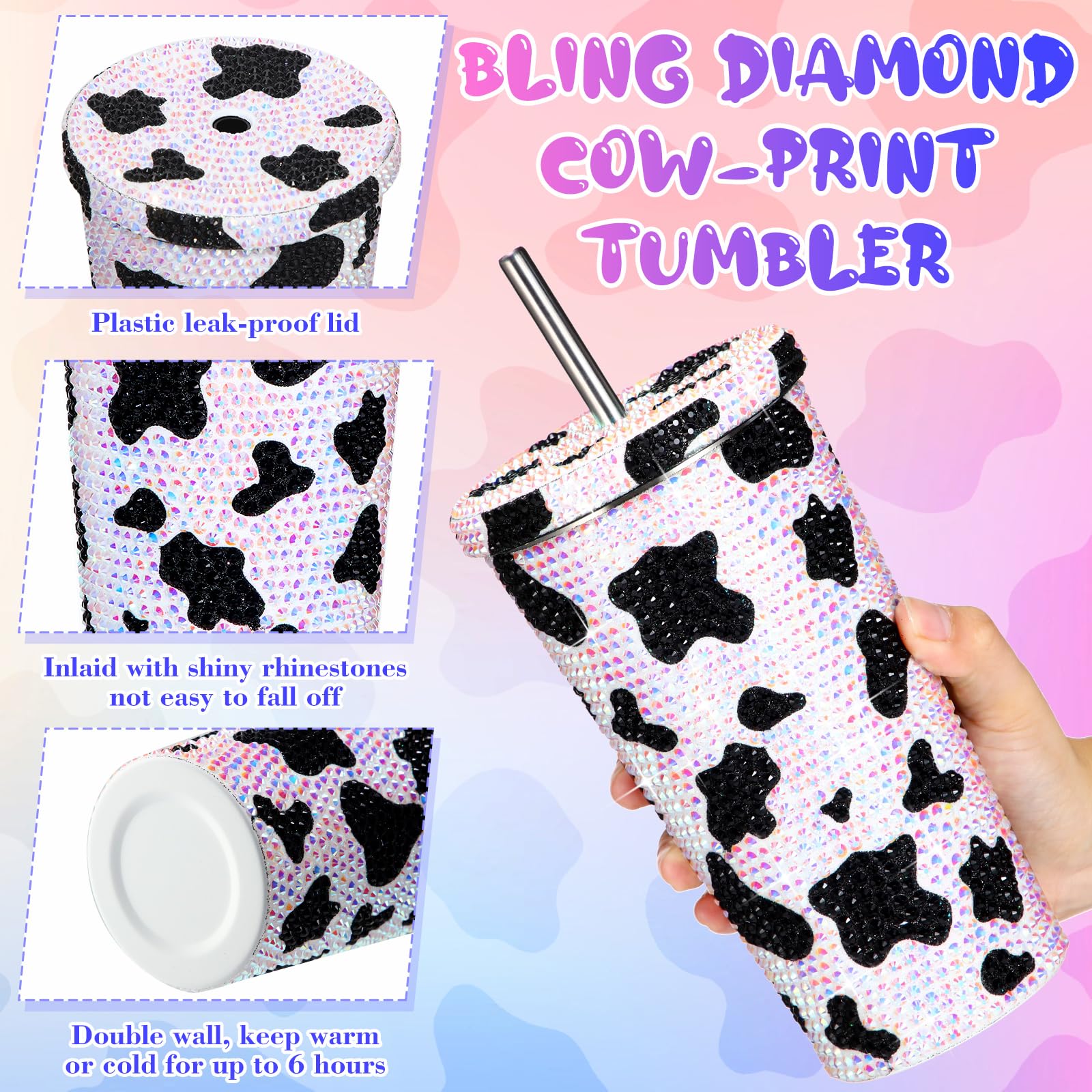 Yaomiao Thank You 17 Oz Bling Rhinestone Cow Print Tumbler Glitter Cow Water Bottle