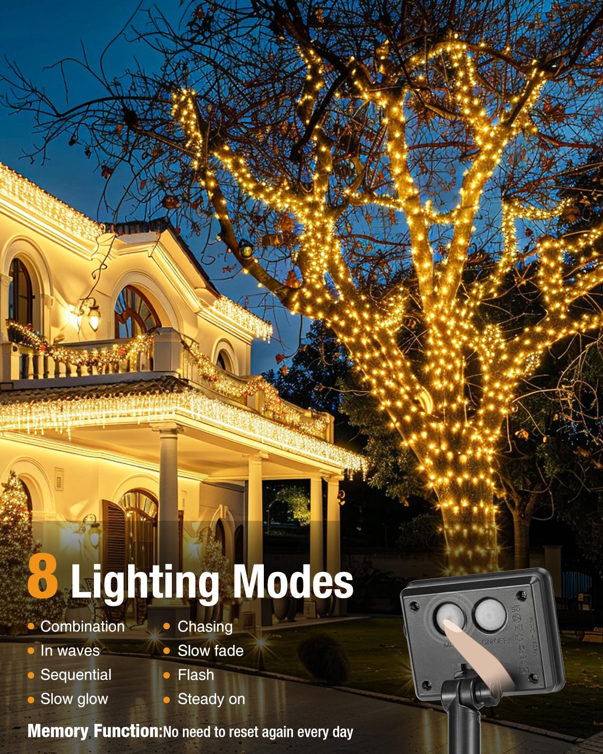 Solar garden string lights with 8 lighting modes for ambient night lighting
