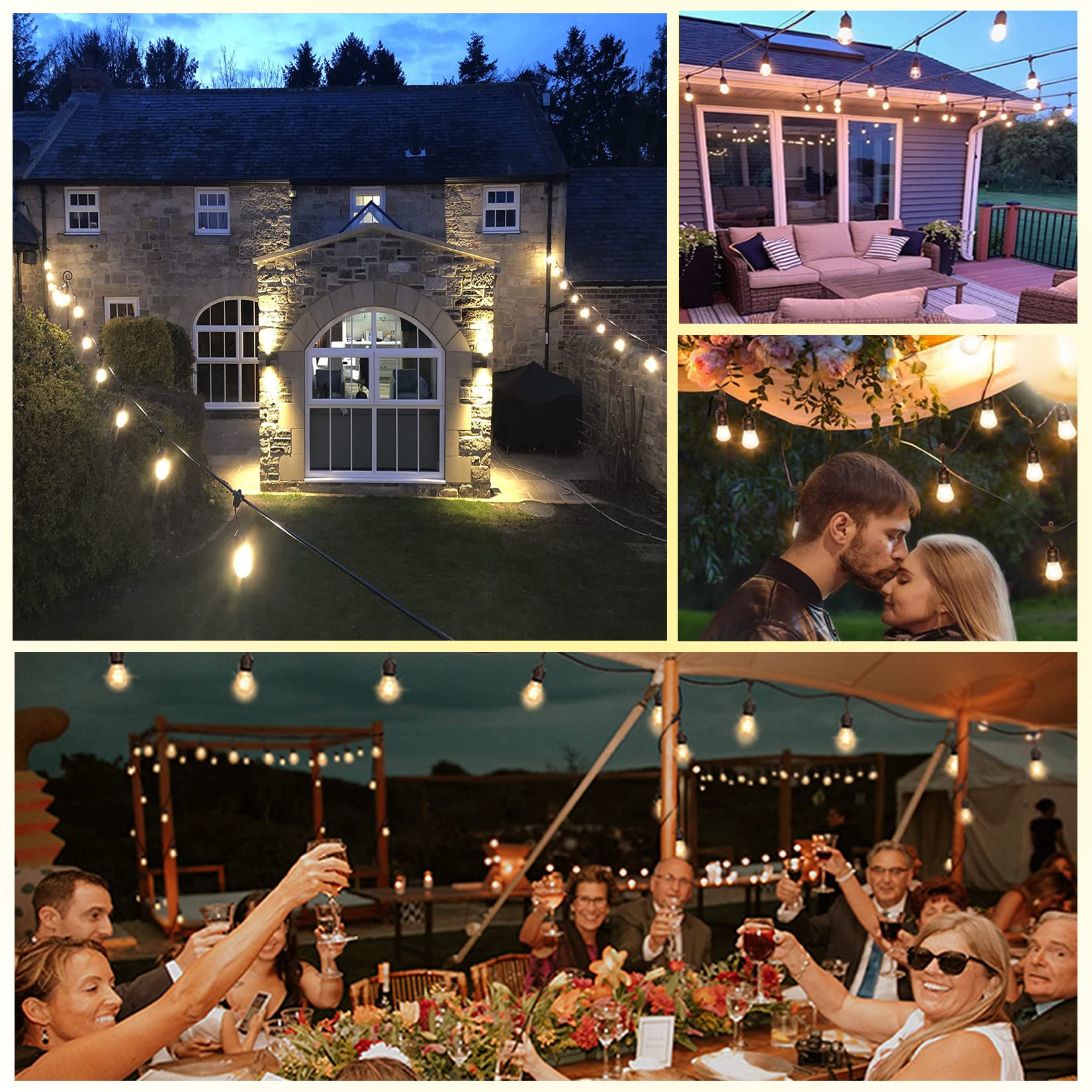 Skeerei 48Ft Outdoor String Lights - Led Heavy-Duty Waterproof Patio Lights With 16 Shatterproof Plastic 2200K Warm White Bulbs For Patio, Gazebo, Pergola, Cafe, Market, Bistro