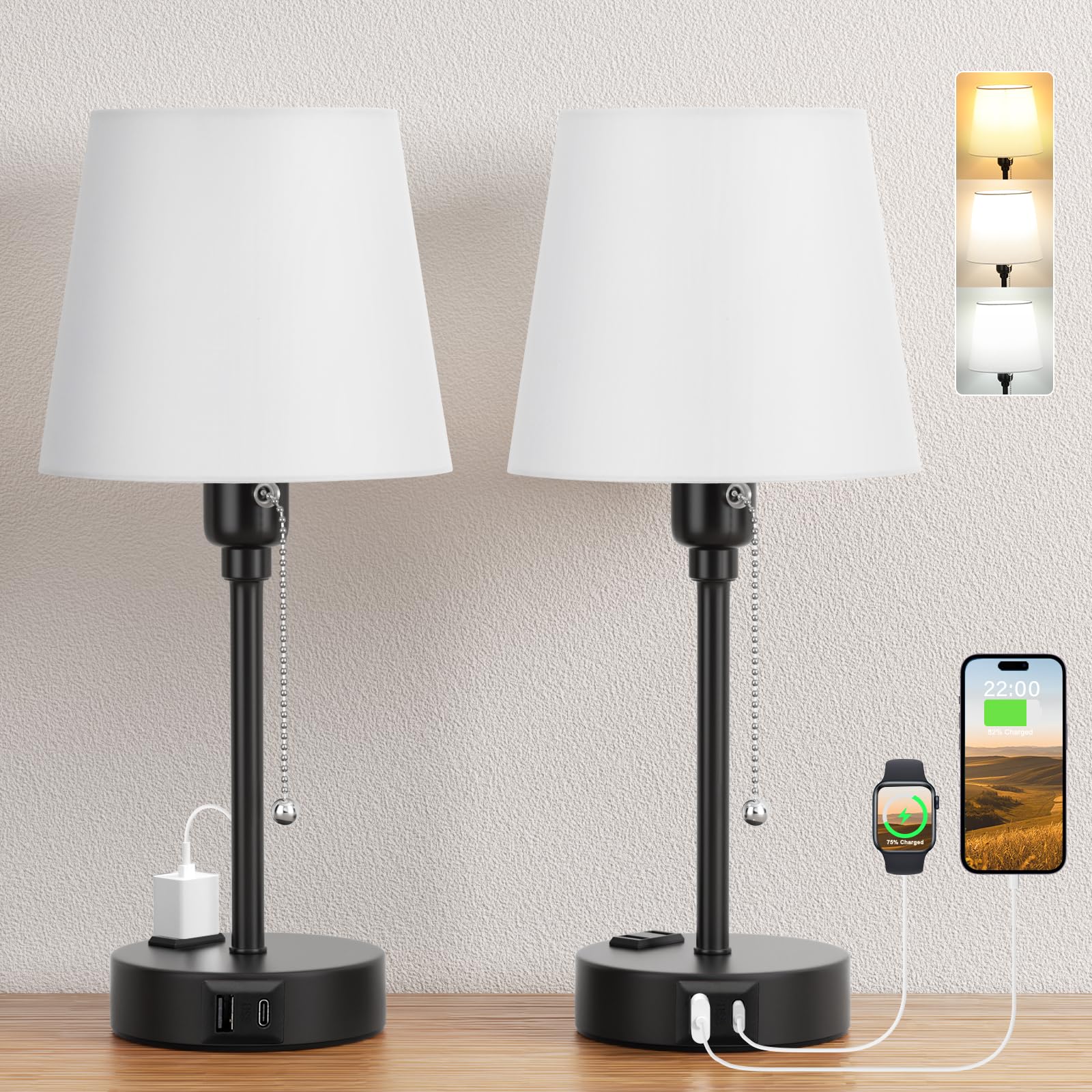 Acaxin Bedside Lamps For Bedrooms, Set Of 2, Mini Nightstand Lamp For Kids With 3 Color Modes 2700K-5000K, Small White Lamp With Usb C+A Charging Port And Ac Outlet For Side Table