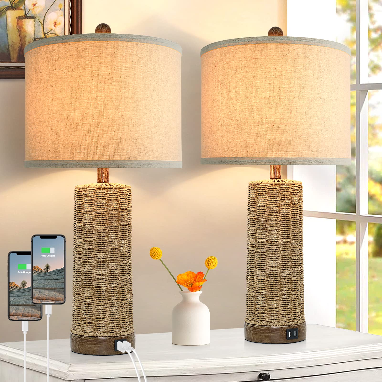 Beslowe 26" Coastal Table Lamps Set Of 2 With 2 Usb Ports, Rattan Nightstand Bedside Table Lamps For Living Room With Rotary Switch, Seagrass Farmhouse Desk Lamps For Bedroom Dorm Hotel