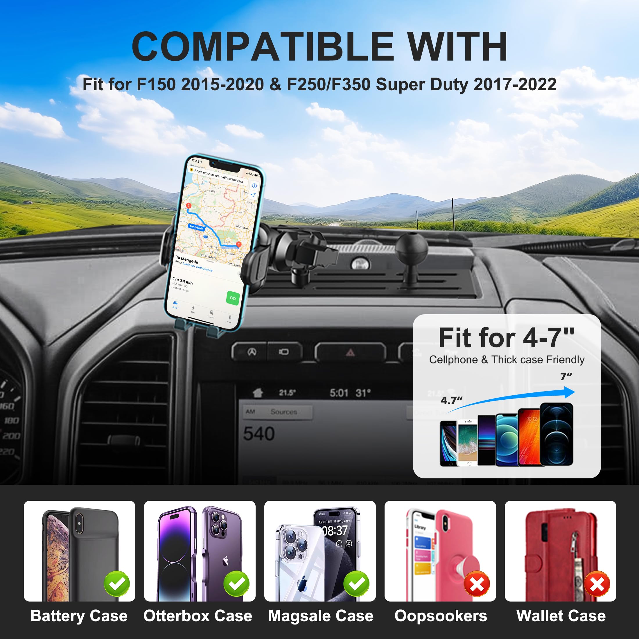 Surfcabin Dash Mount Phone Holder Compatible With 2015-2020 F150 2017- F250 F350 Metal Cellphone Mounting Bracket Stand For Most Cellphones