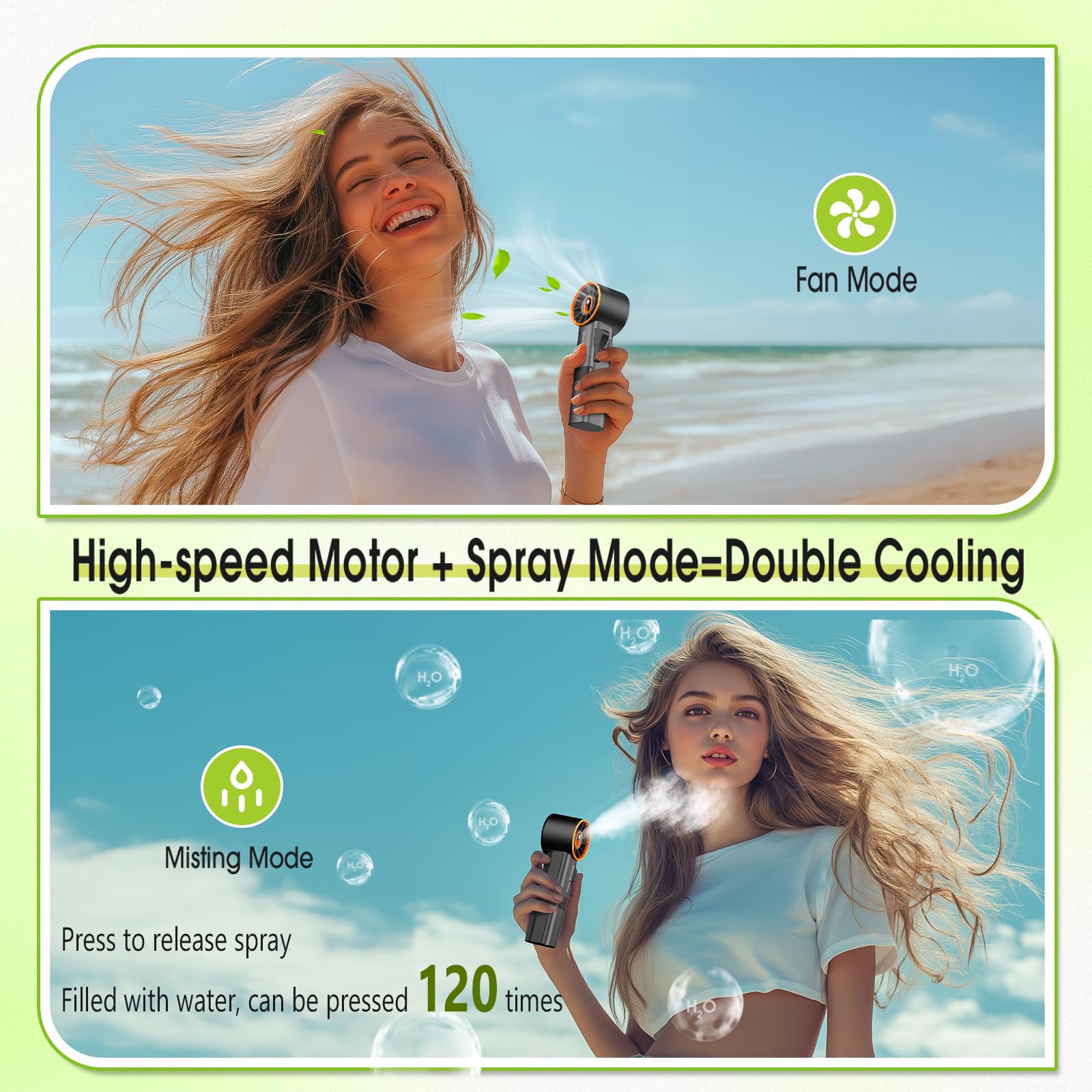 Rechargeable Ausic handheld misting fan with mist and 3-speed settings, providing powerful cooling and refreshment