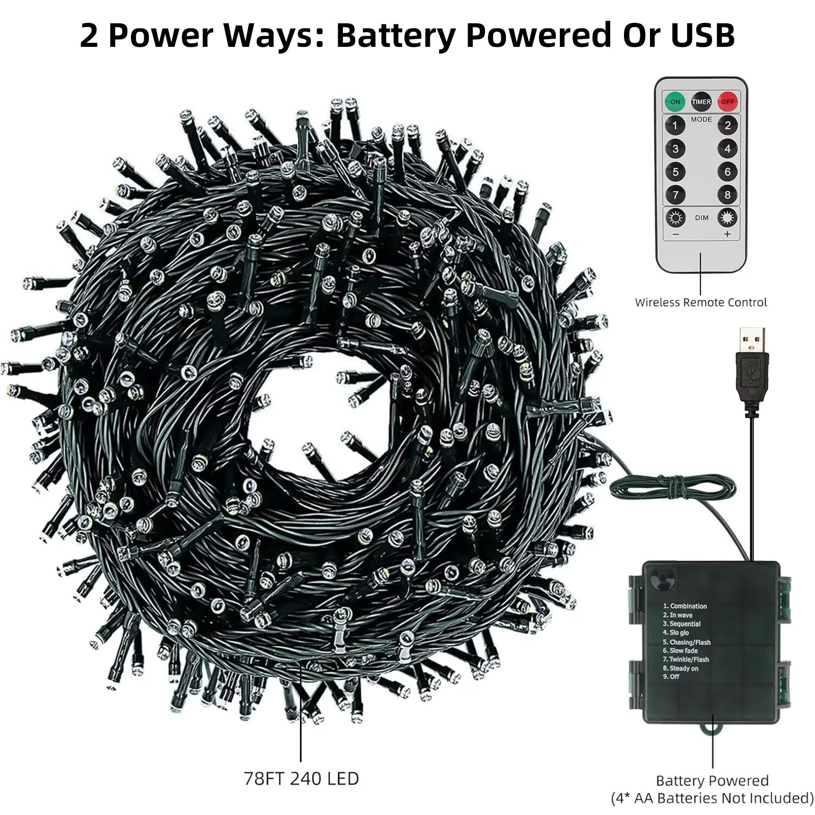 Mzd8391 78Ft 240 Led Christmas Lights Usb And Batteries Powered Waterproof Christmas Tree Lights Outdoor Indoor Decorations, Warm White