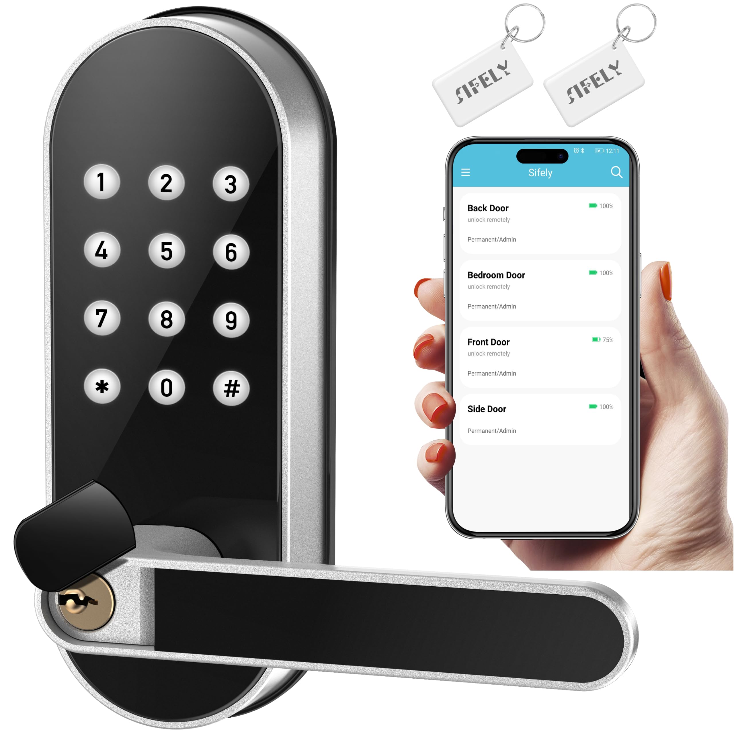 Sifely Keyless-Entry Keypad Electronic Door Lock: Digital Smart Lock With Code Passcode, Electric Door Knob/Handle, Perfect For Entry Doors, Bedroom Doors (Silver, App Control, Non-Fingerprint)