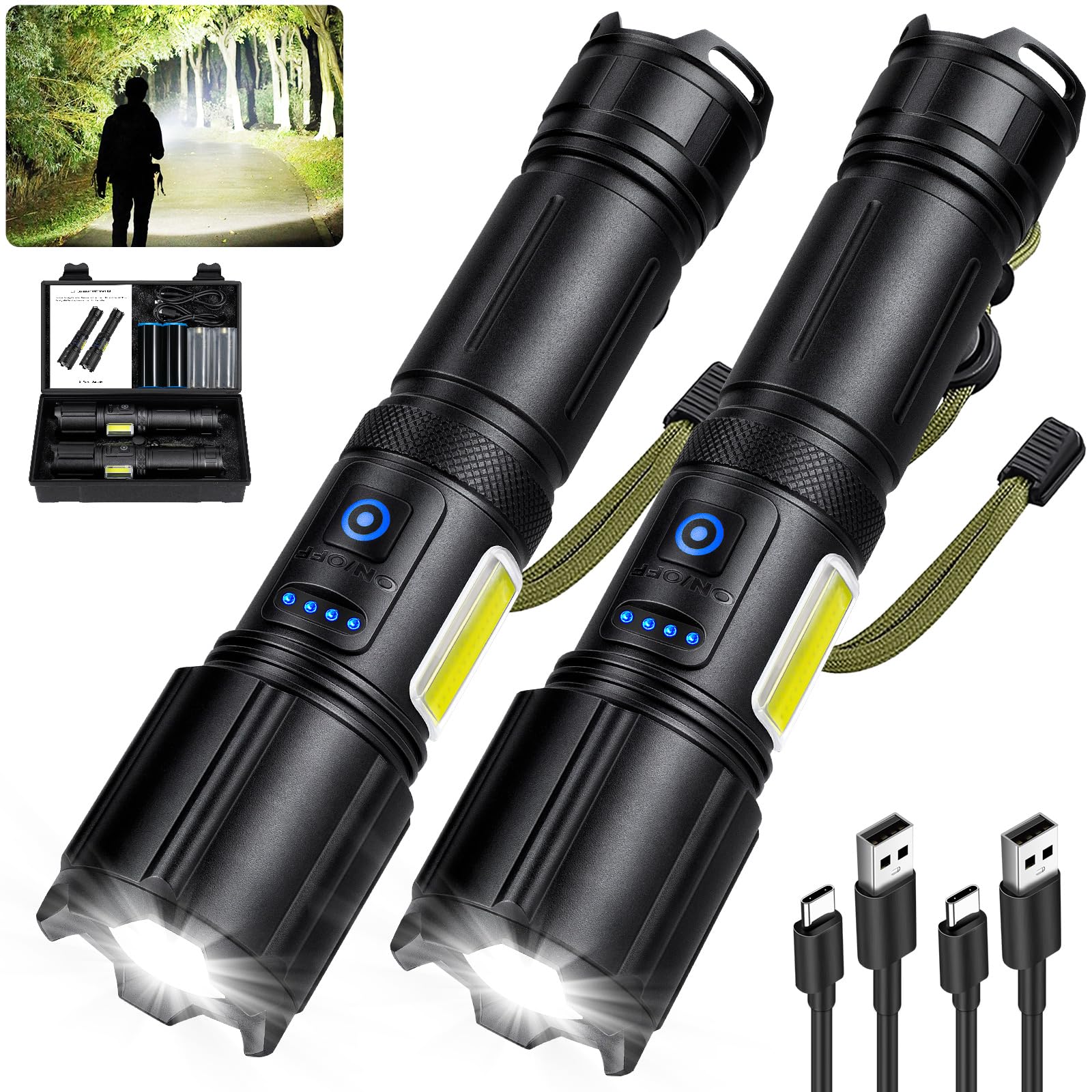Niaochao Rechargeable Flashlights High Lumens 2 Pack, 900,000 Lumen Super Bright Flashlight Led Flash Light, 7 Modes With Cob Work Light, Ipx6 Waterproof For Outdoor Camping Hiking