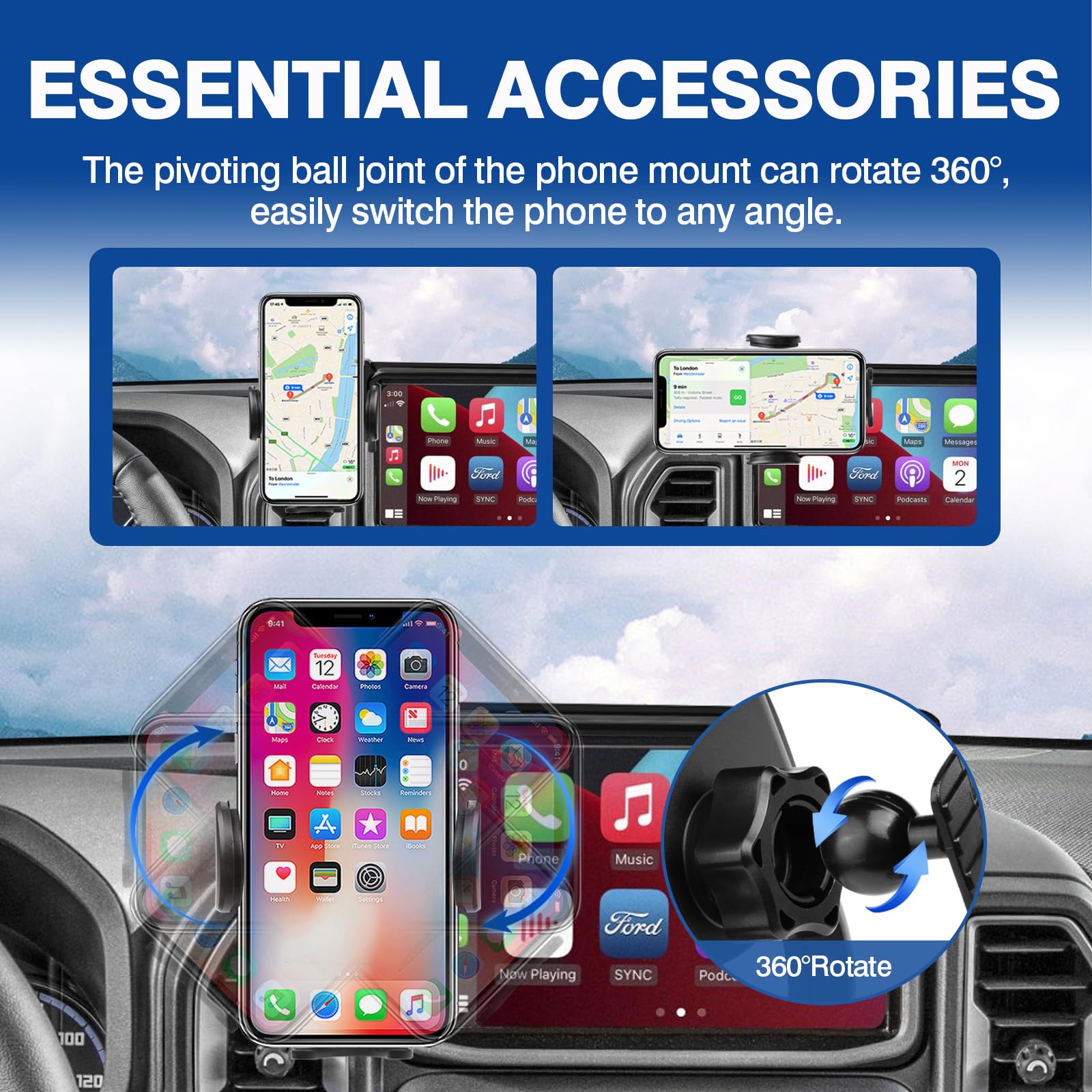 Autorder Car Phone Holder For     Ford Bronco Sport Accessories Phone Mount 8-Inch Screen Cell Phone Automobile Cradles Hands- 360 Degree Rotation