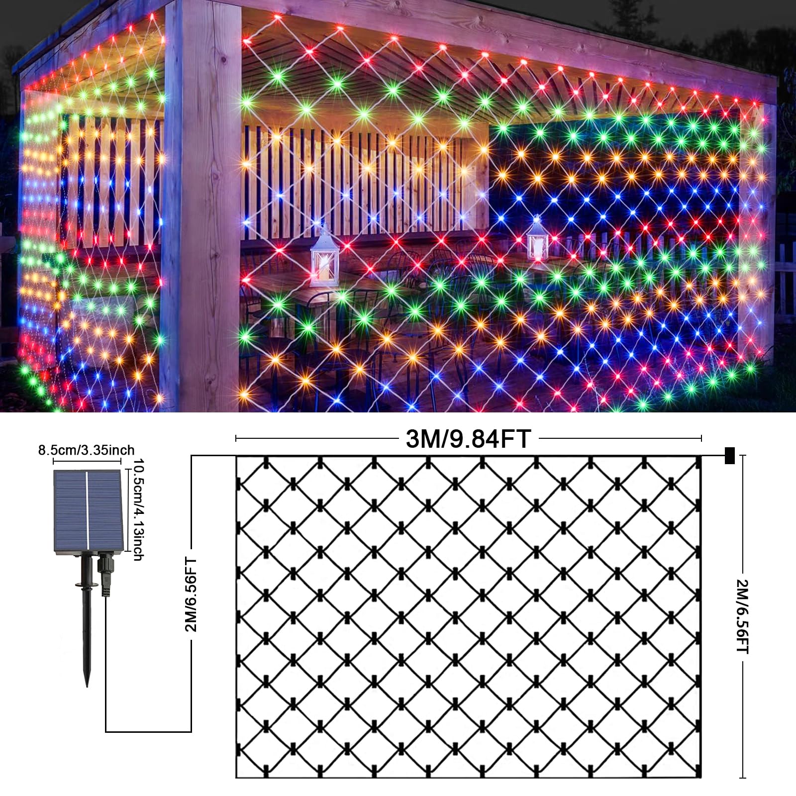 Acxilexy Outdoor Solar Light Netting, 2 M X 3 M, 198 Leds String Lights With 8 Modes, Remote Control, Waterproof String Lights Net For Christmas Bushes Fence Gardens