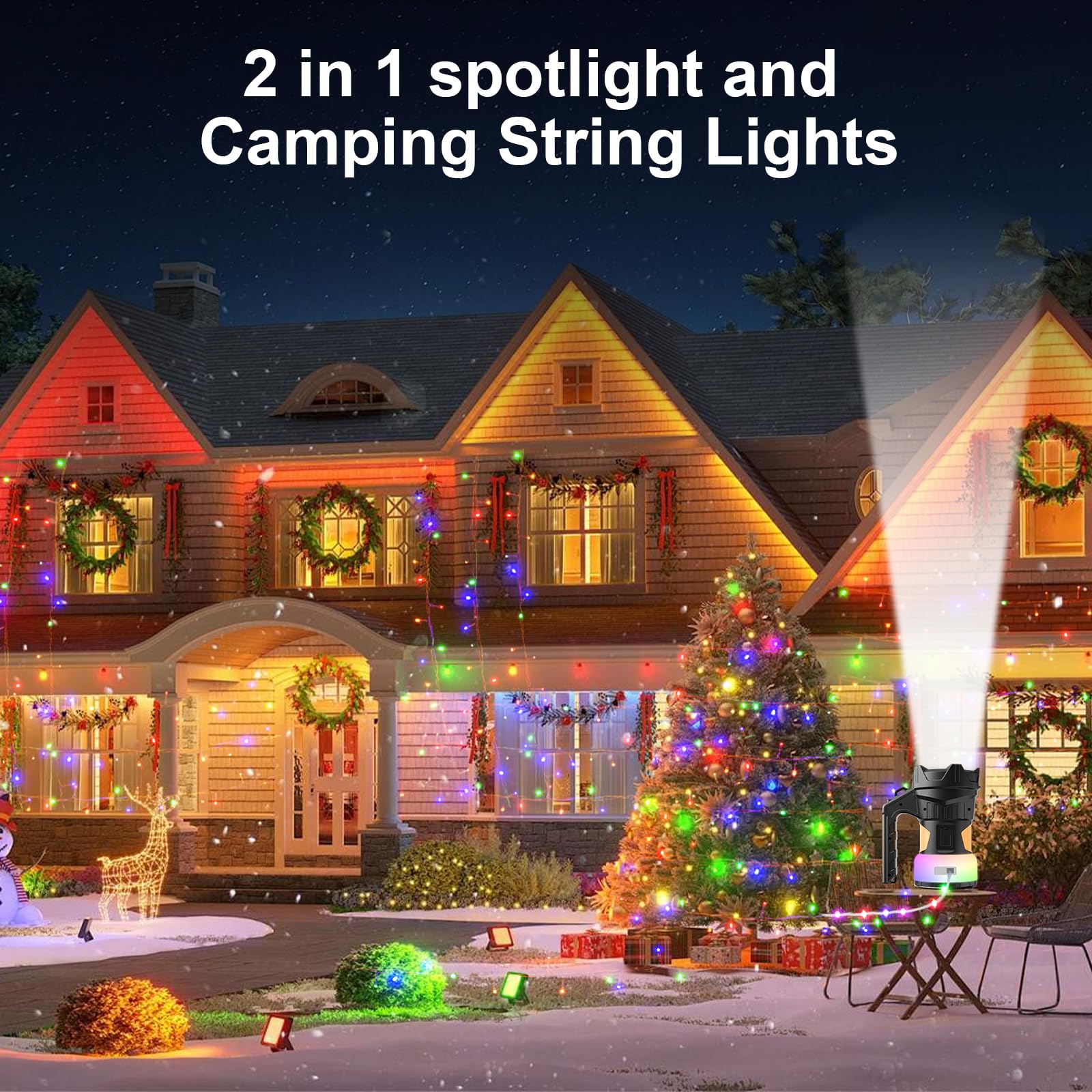 Zarrson Waterproof 49Ft Led Decorative String Light With Storage Box & 5H Runtime, Super Bright Flashlight (20H Spotlight) For Outdoor Patio, Camping, Garden Party Decoration