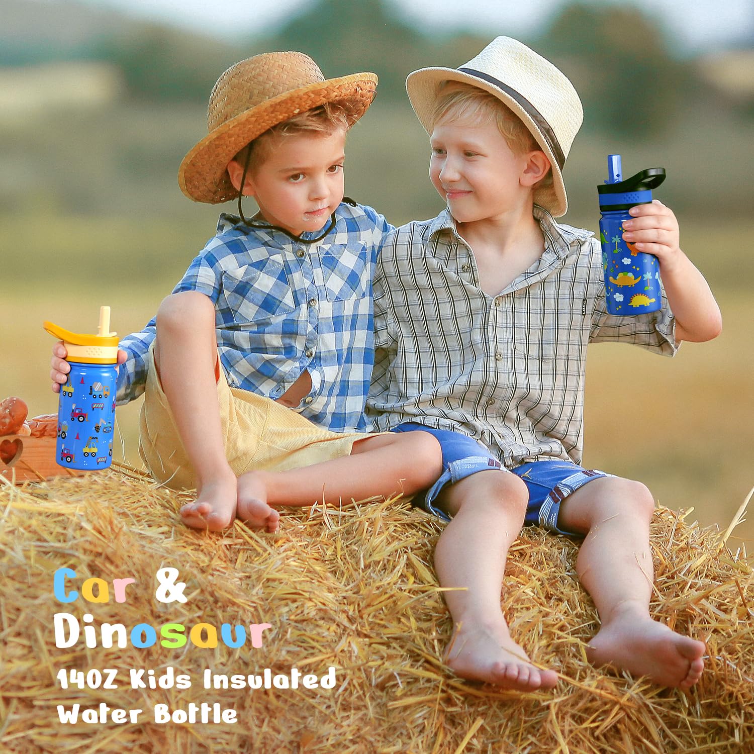 2 Pack Insulated Kids Water Bottle, Buzio 14Oz Stainless Steel Water Bottles With Tritan Straw Lid