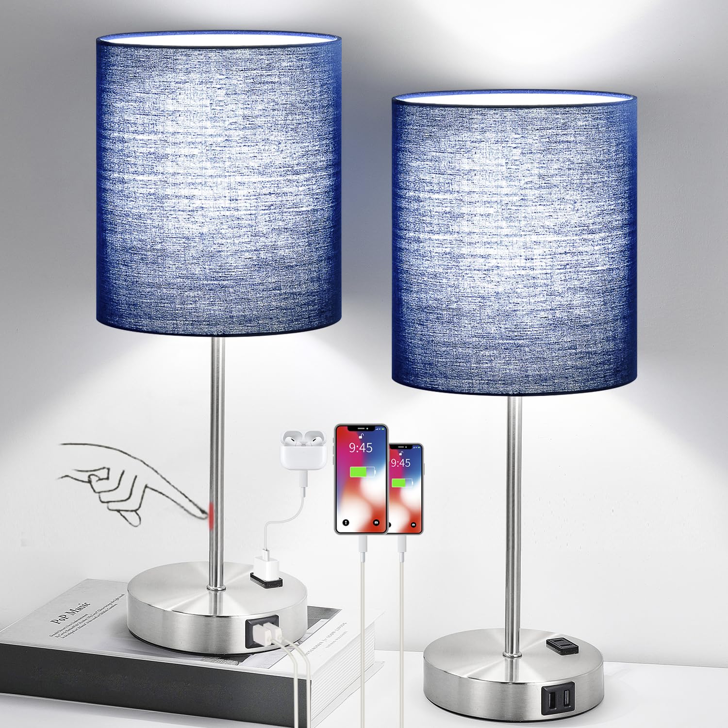 Lynnoland Set Of 2 Touch Control Table Lamps With 2 Usb & Ac Outlet, 3-Way Dimmable Bedside Nightstand Lamps For Bedroom Living Room Nursery, 800 Lumens 5000K Daylight Bulbs Included