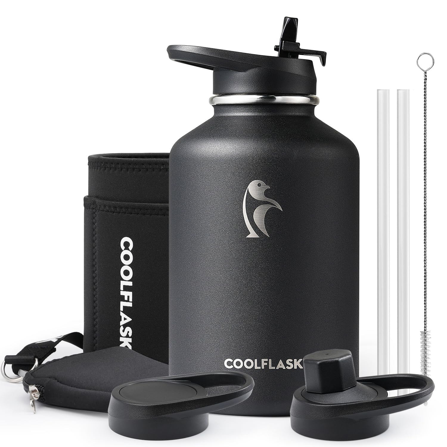 Coolflask 64 Oz Insulated Water Bottle With Strap & Sleeve, Half Gallon Water Jug 3 Lids Stainless