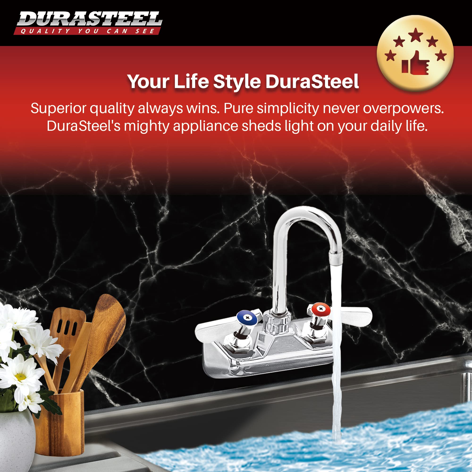 Durasteel Commercial Hand Sink Faucet - 4 Inch Center Wall Mount Handwash Sink Faucet With 3-1/2" Gooseneck Spout - Cec  Saving Water - Dual Swing