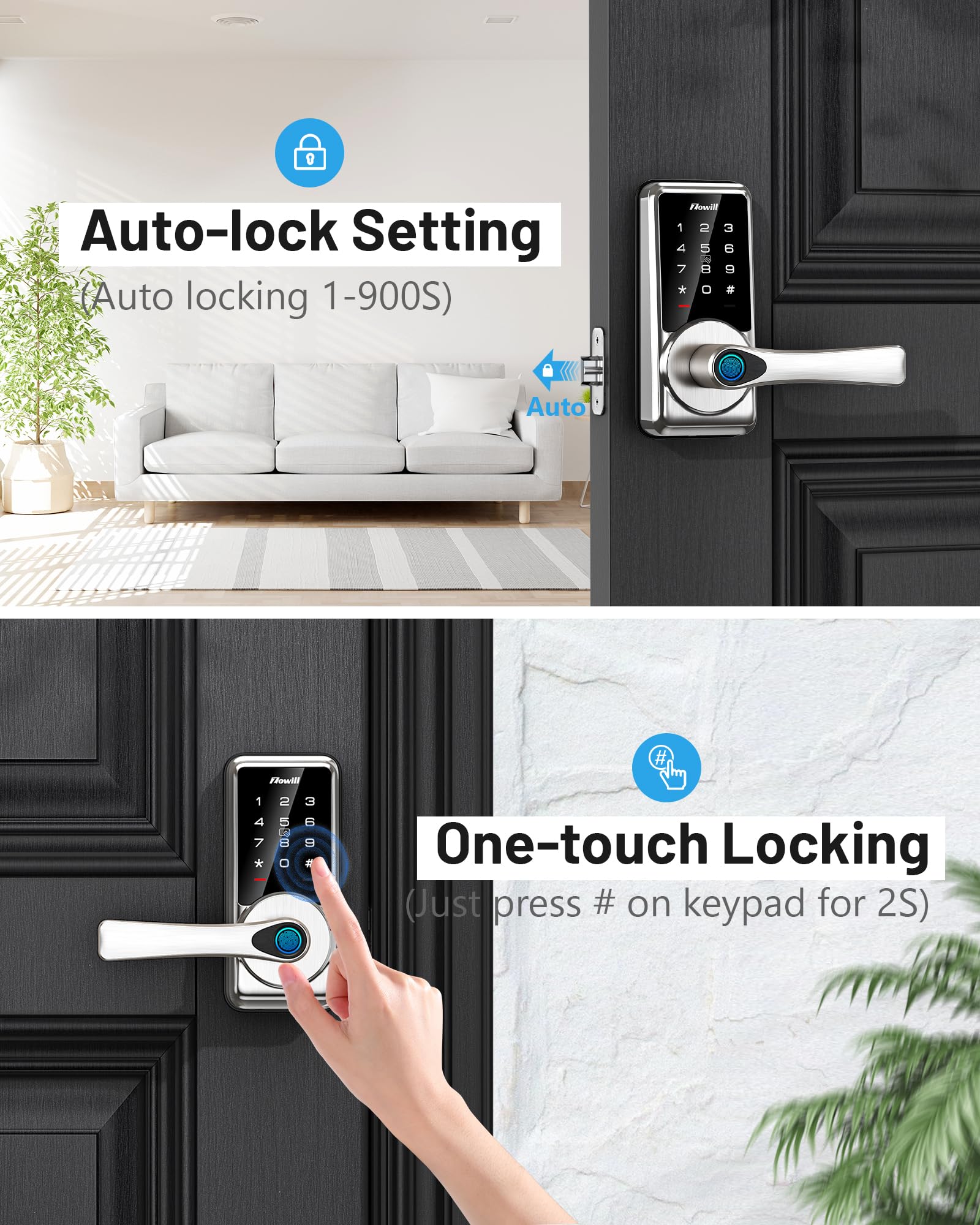 Zowill Smart Door Lock, Keyless Entry Door Lock With Handle, Fingerprint Deadbolt With App Control, Biometric, Auto Lock, Easy Installation