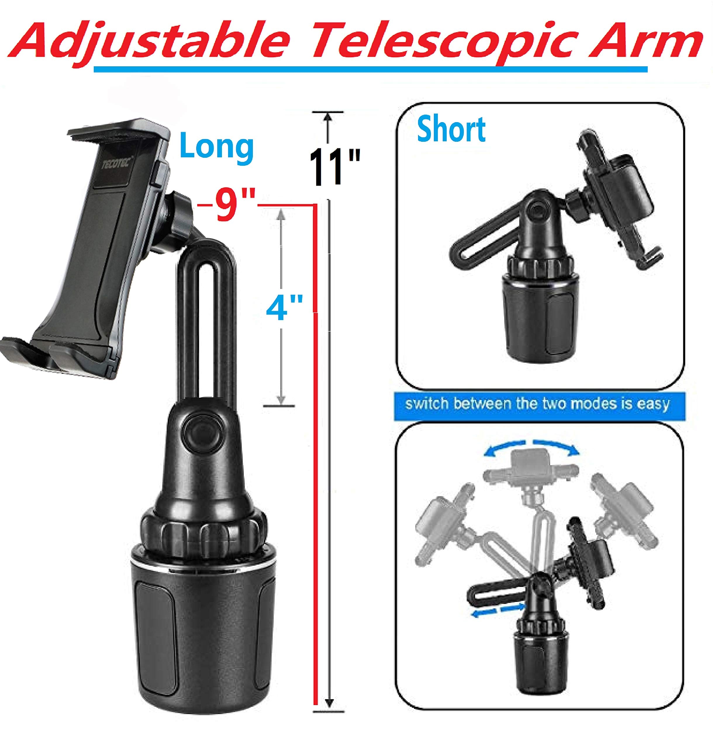 Tecotec Universal 2 In 1 Car Cup Holder Tablet Mount,  9" Long Neck Cup Holder Ipad Holder For All Cellphones/Z Fold 3/2/Rugged Phones/Tablets Up To 12.9"