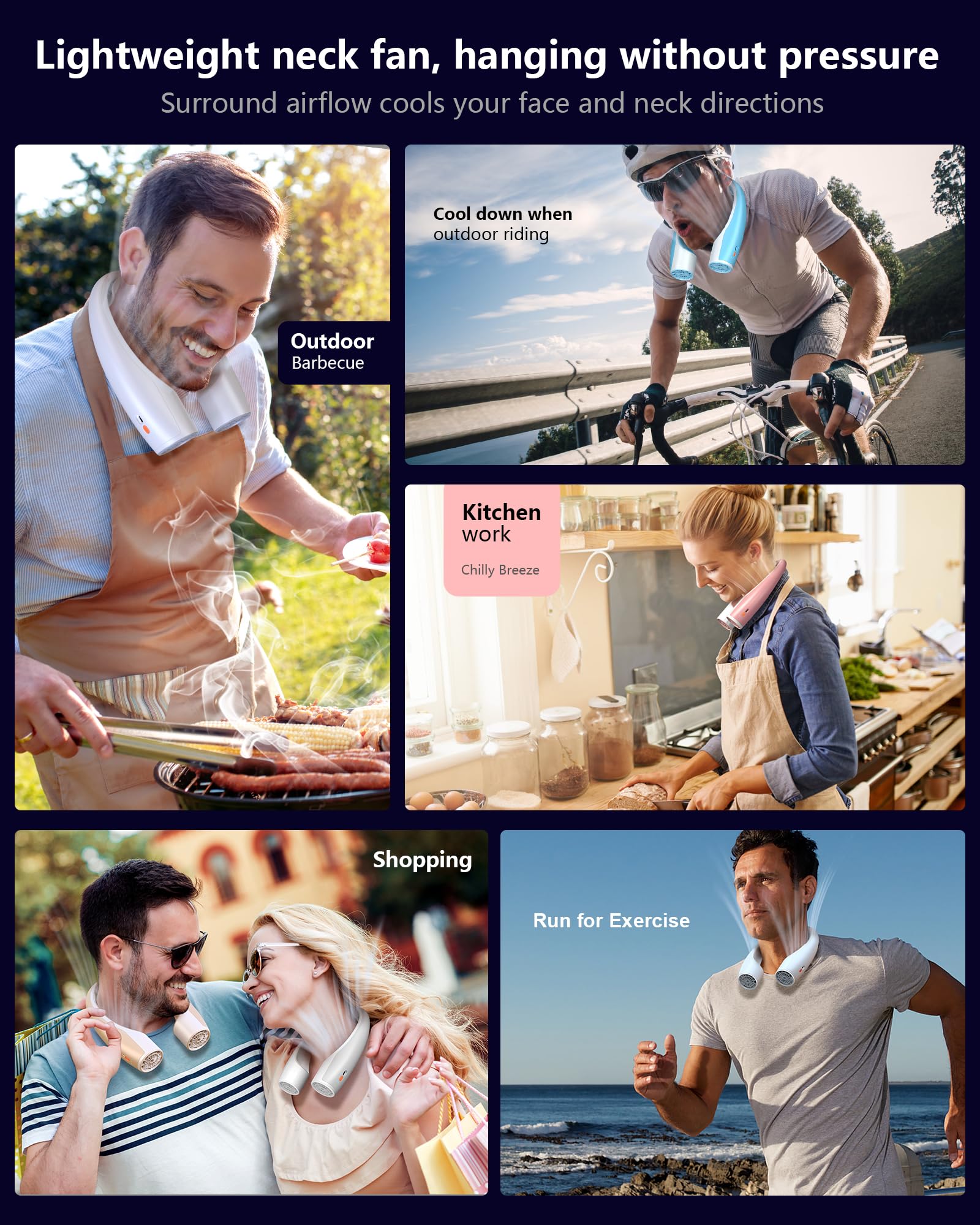 Ai neck fan, adjustable speeds and 4000mAh rechargeable battery for on-the-go personal cooling