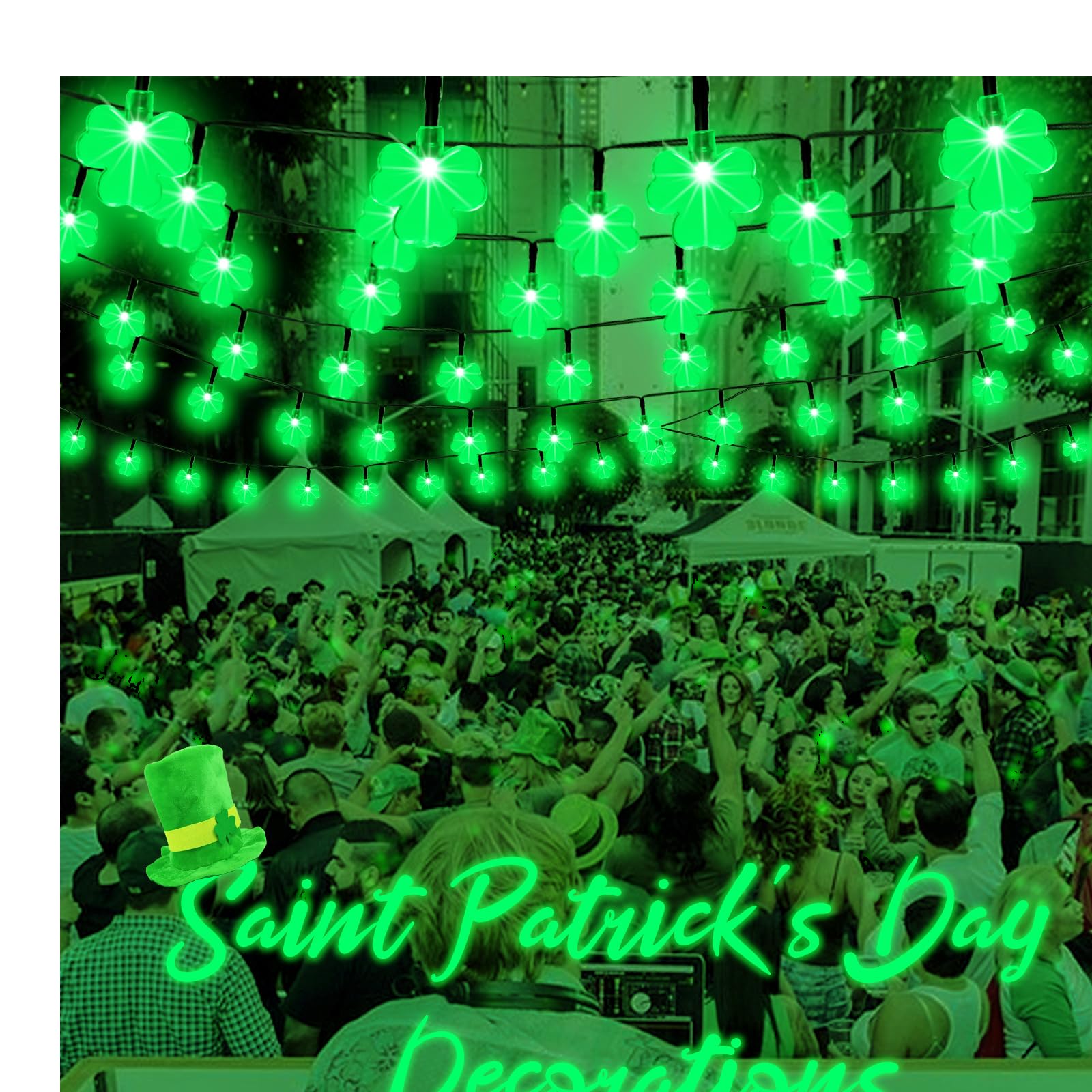 X-Giftkey St. Patrick'S Day Decor Solar Shamrock String Lights, 50Led Green, Outdoor, 19Ft