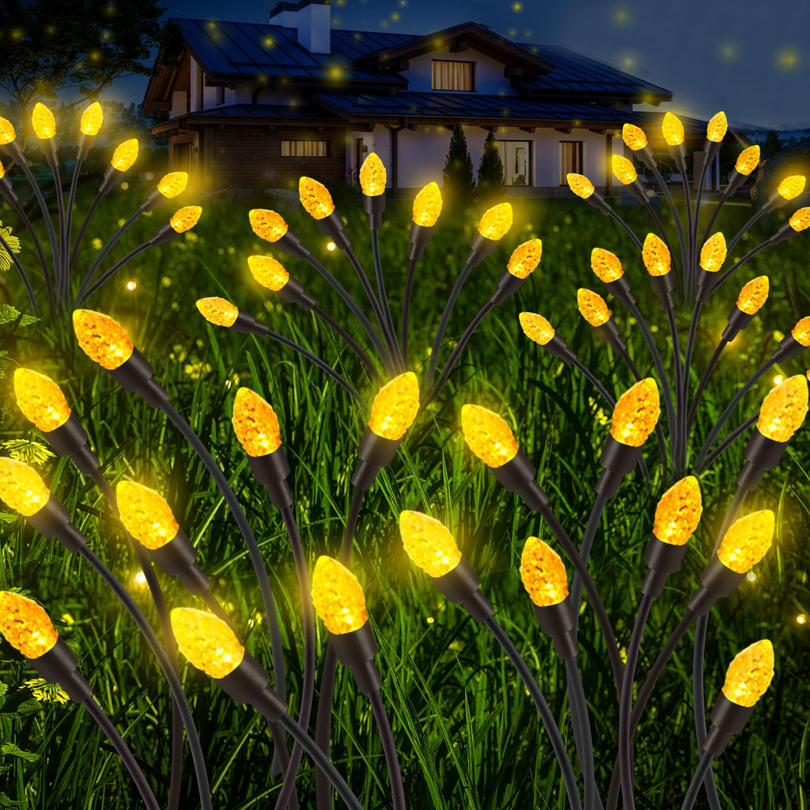 Rossesay 4 Pcs Solar Outdoor Lights Christmas Swaying Lights Decoration For Garden Yard Pathway Patio Lawn Waterproof Firefly Stake 48 Led For Outside Holiday Decor(Warm Color)