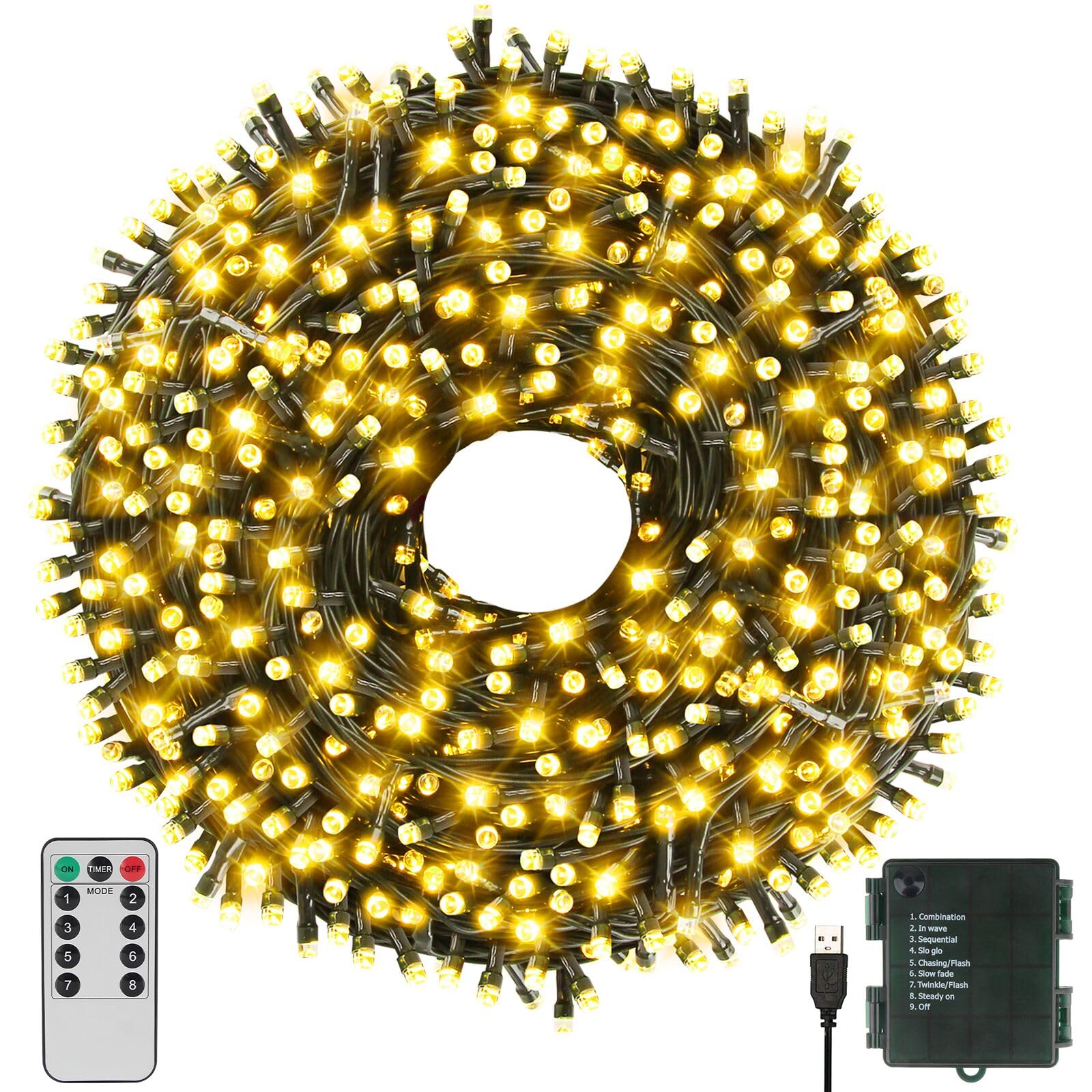 Mzd8391 78Ft 240 Led Christmas Lights Usb And Batteries Powered Waterproof Christmas Tree Lights Outdoor Indoor Decorations, Warm White