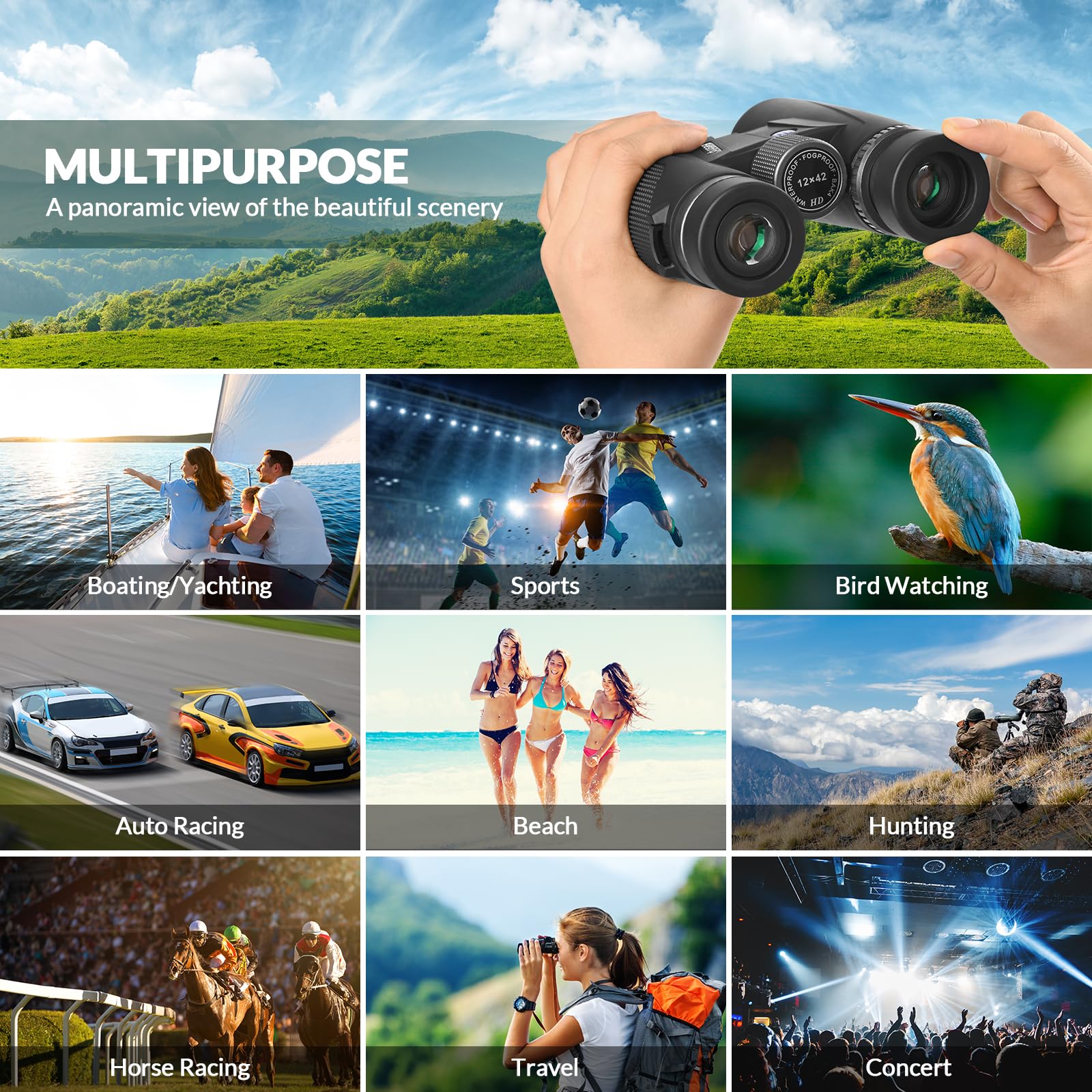 Bestrip 12X42 Binoculars For Adults With Tripod, Compact Waterproof Binoculars For Bird Watching Outdoors Hunting  For Men