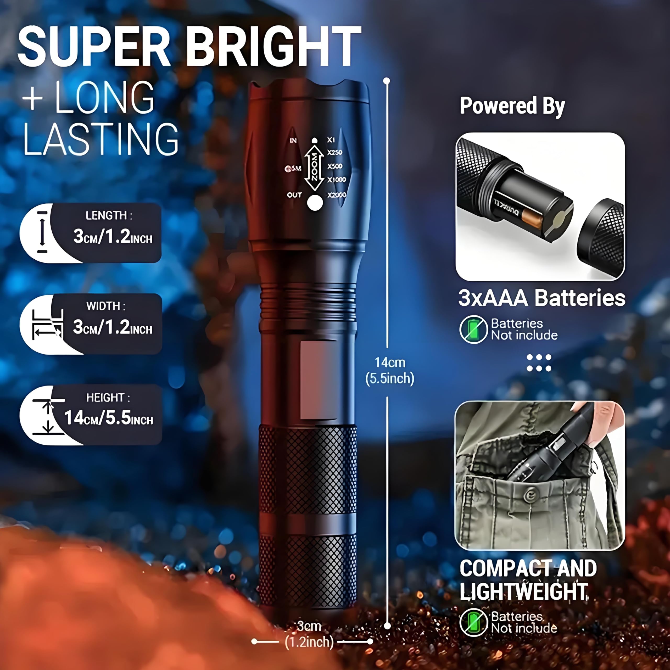 Hyvczp Led Flashlights - Mini Camping Flashlights With 2000 High Lumen, 5 Modes, Zoomable Beam - Powerful, Bright, And Portable Handheld Flashlight For Camping Gear, Hiking, Walking (2)