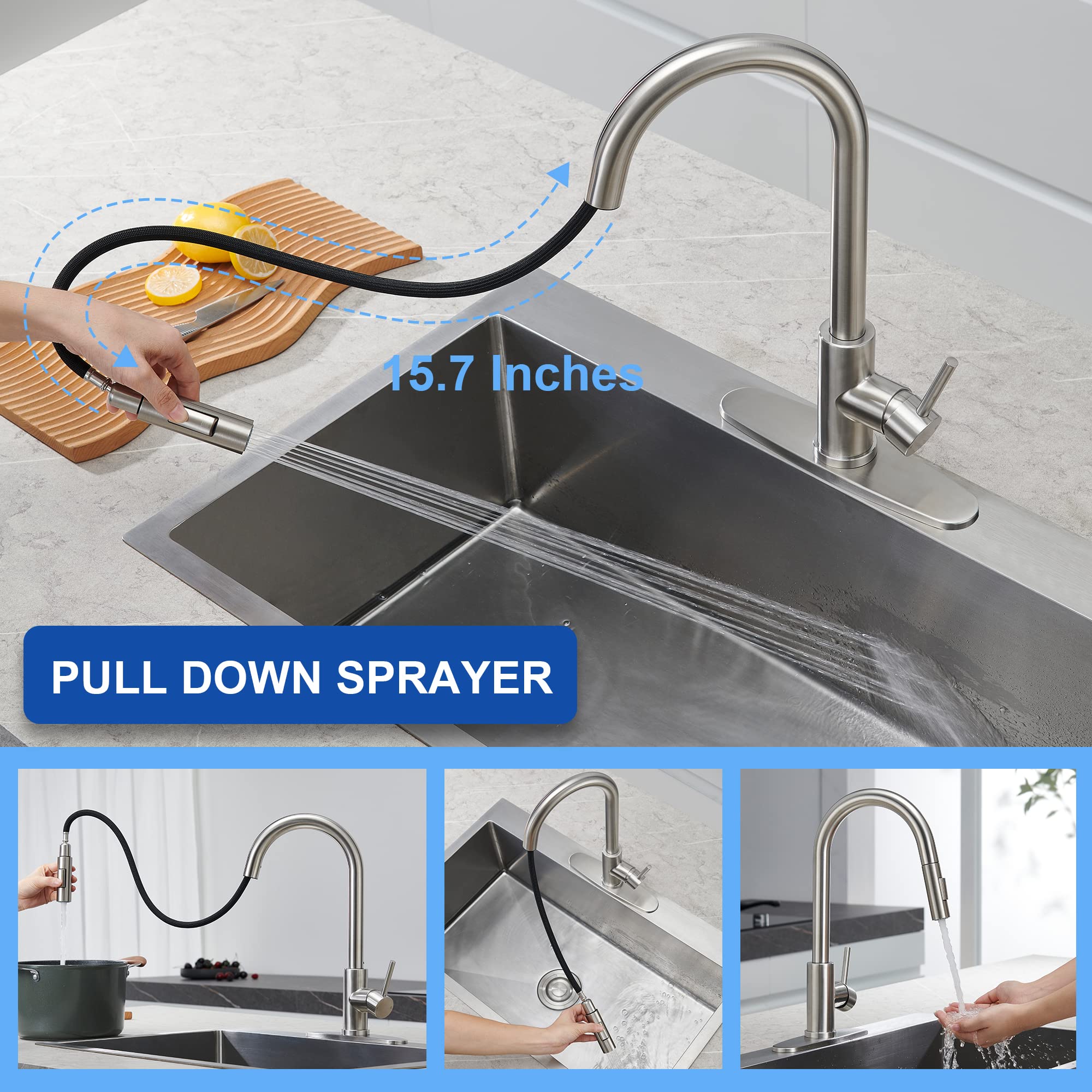 Tohlar Kitchen Sink Faucets With Pull-Down Sprayer, Modern Stainless Steel Single Handle Pull Down Sprayer Faucet With Deck Plate