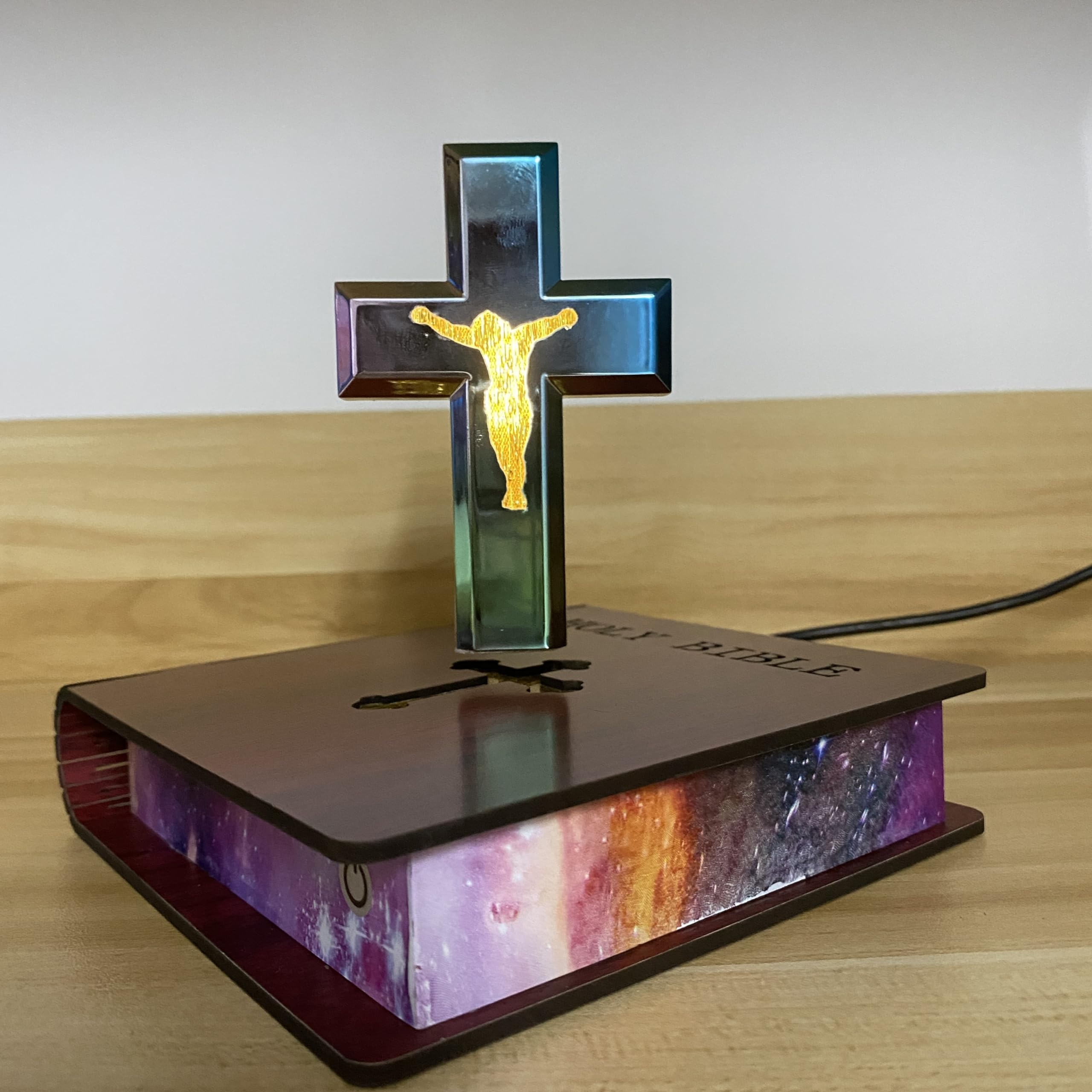 Lunarlight Floating Cross Lamp Magnetic Levitating Suspension Cross Led Light Table Lamp Night Light For Home Decor And (Red)