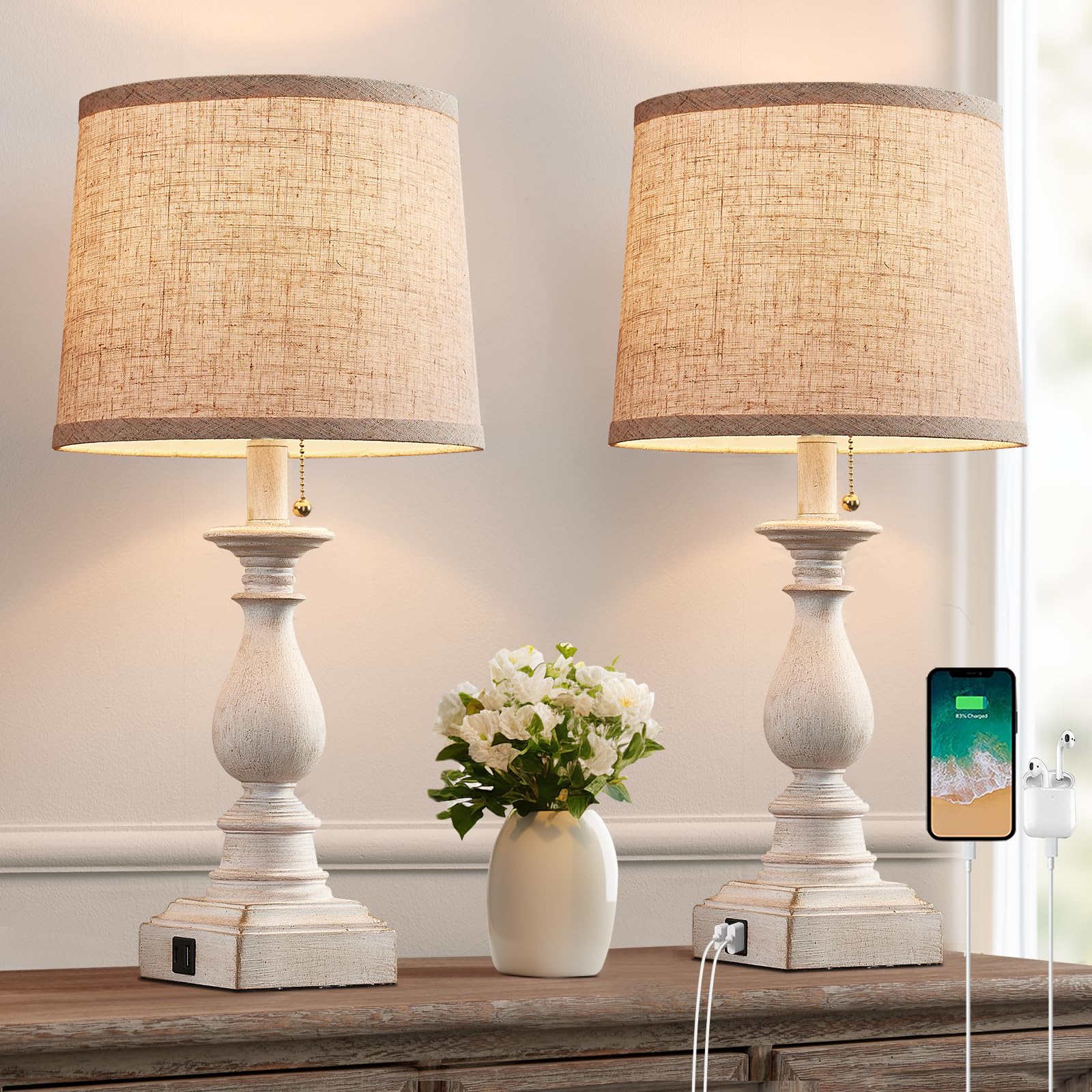 Huitico 21.5'' Bedside Table Lamps For Bedroom Set Of 2 Nightstand Lamps With Usb A + C Charging Ports Modern Farmhouse Small Table Lamps For Living Room End Tables, White, Bulbs Not Included
