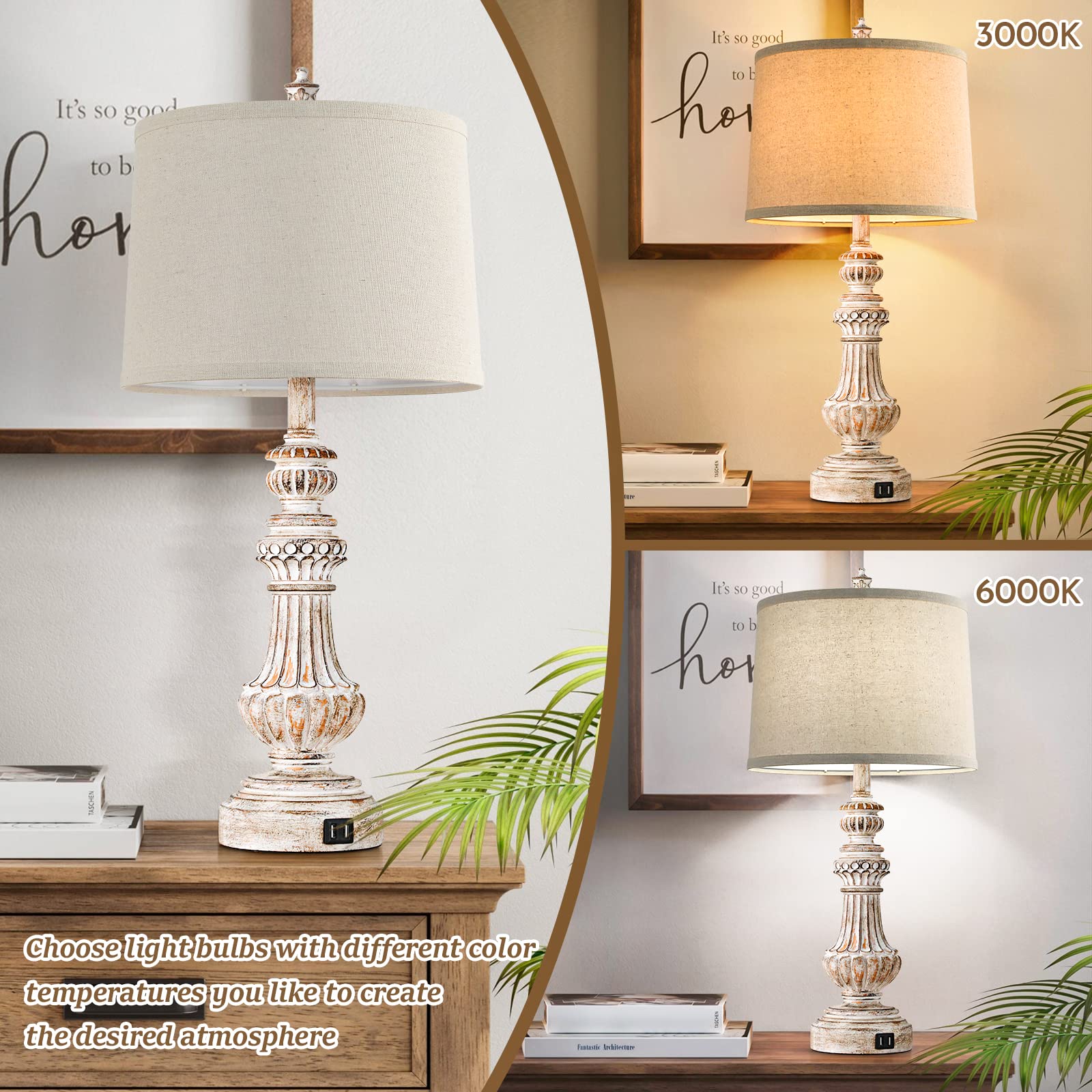 Bosceos Tall Table Lamps Set Of 2, 28” Vintage Table Lamps With Dual Usb Ports, Resin Bedside Lamps With Rotary Switch, Nightstand Lamps With E26 Base, Desk Lamp With Fabric Shade For Living Room Bedroom