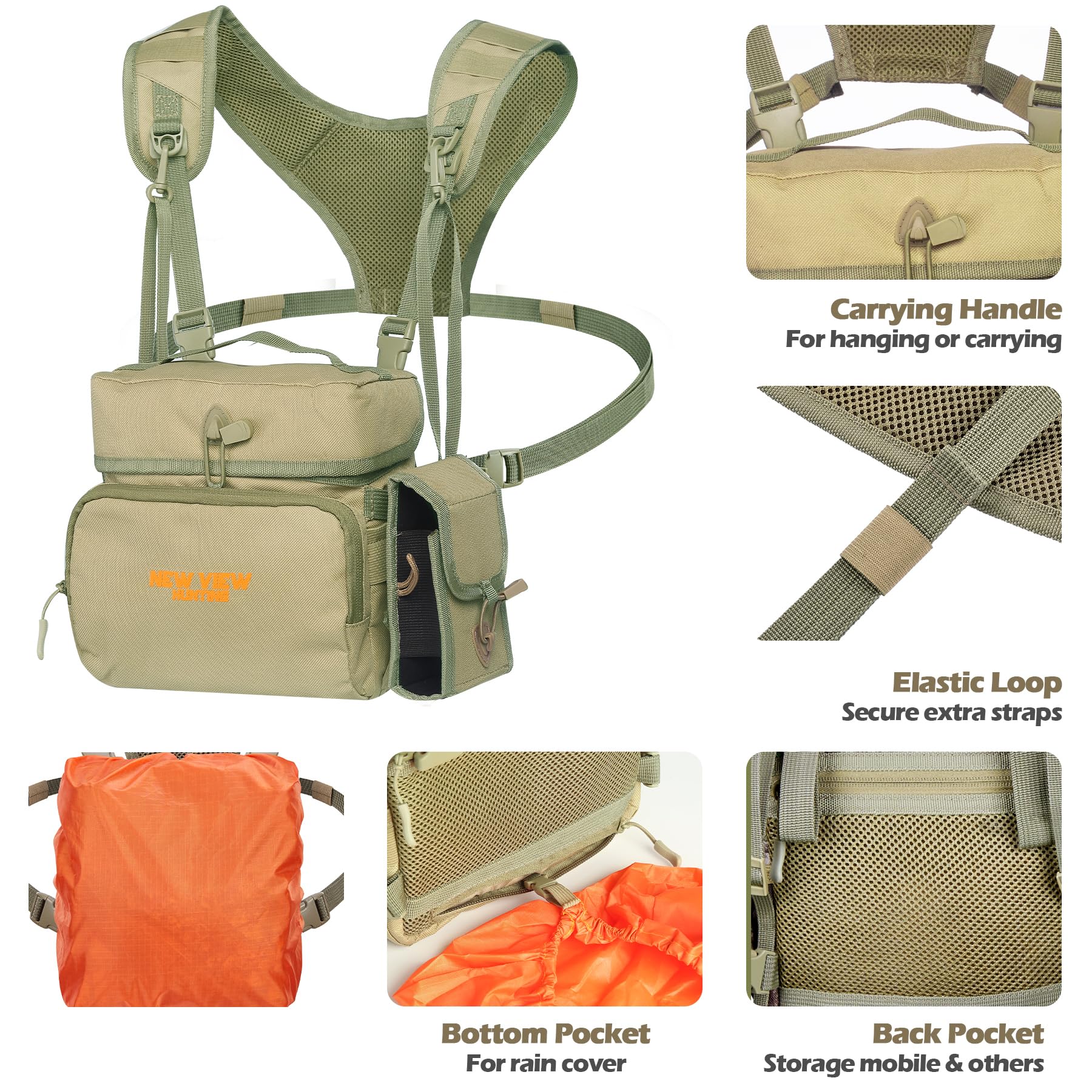 Binocular Harness Chest Pack With Rangefinder Pouch, Bino Harness With Rain Cover For Bird Watching, Hunting, Hiking