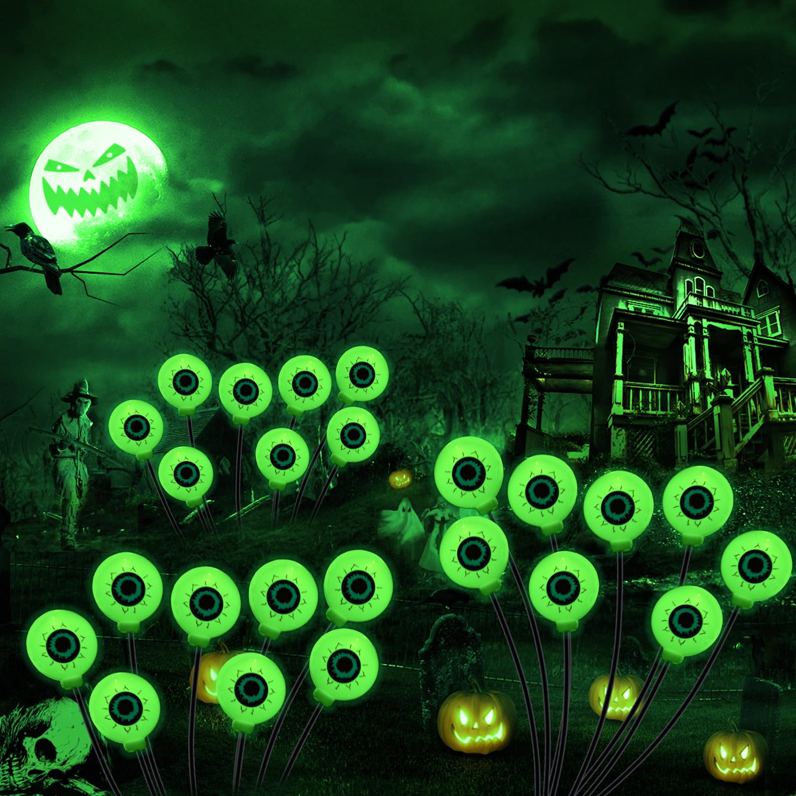 Deesalio Halloween Decorations Outdoor Solar Scary Eyeball Lights, 2 Pack 16Led Solar Eyeball Pathway Lights, Waterproof Eyeball Swaying Firefly Lights For Yard/Garden/Lawn/Party Decor (Green)