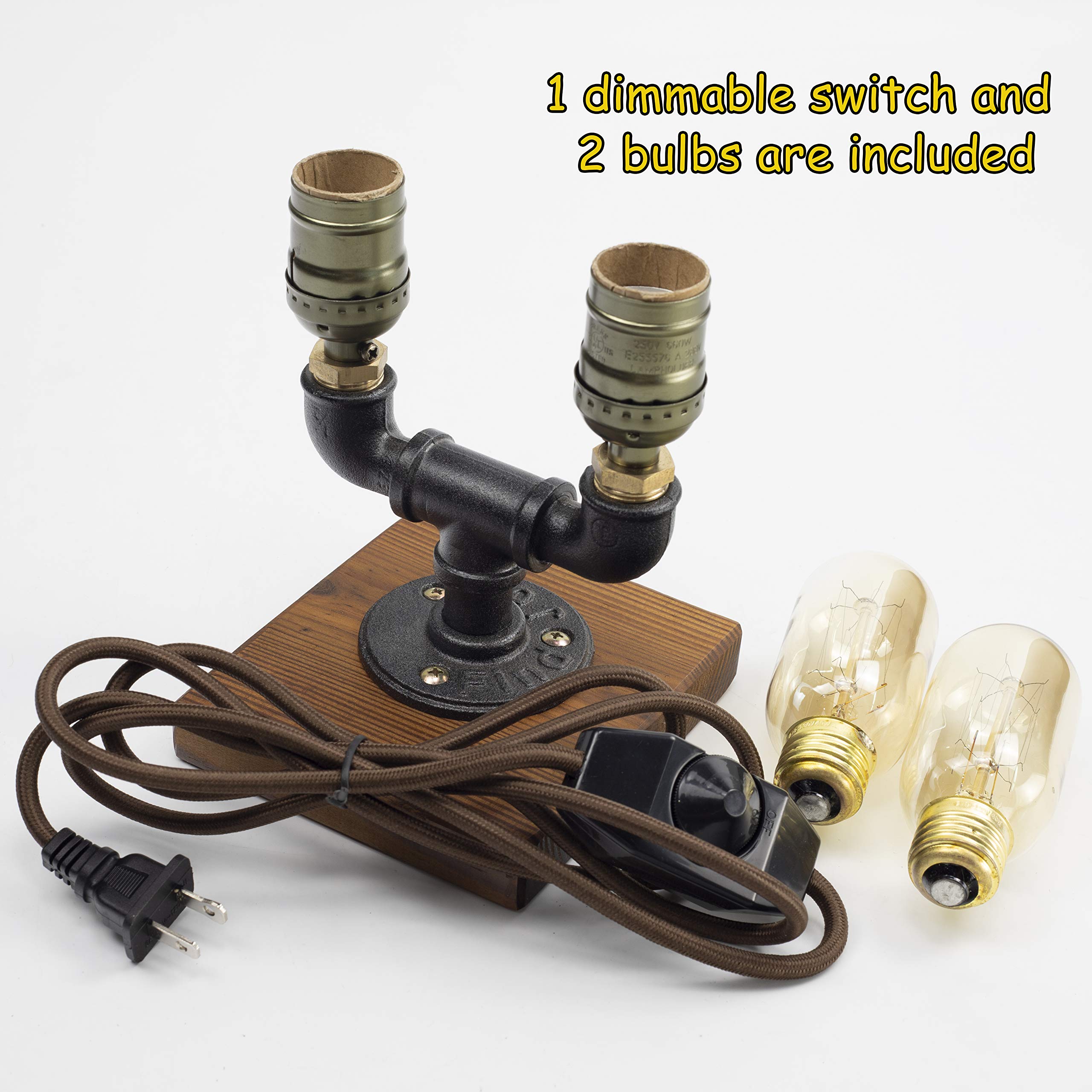 Y-Nut Steampunk Lamp With Dimmer, Dimmable Loft Style Industrial Vintage Antique Style Light With 2 Bulbs, Wood Base With Iron Piping Desk Lamp, Retro Desk Lamp Ll-027