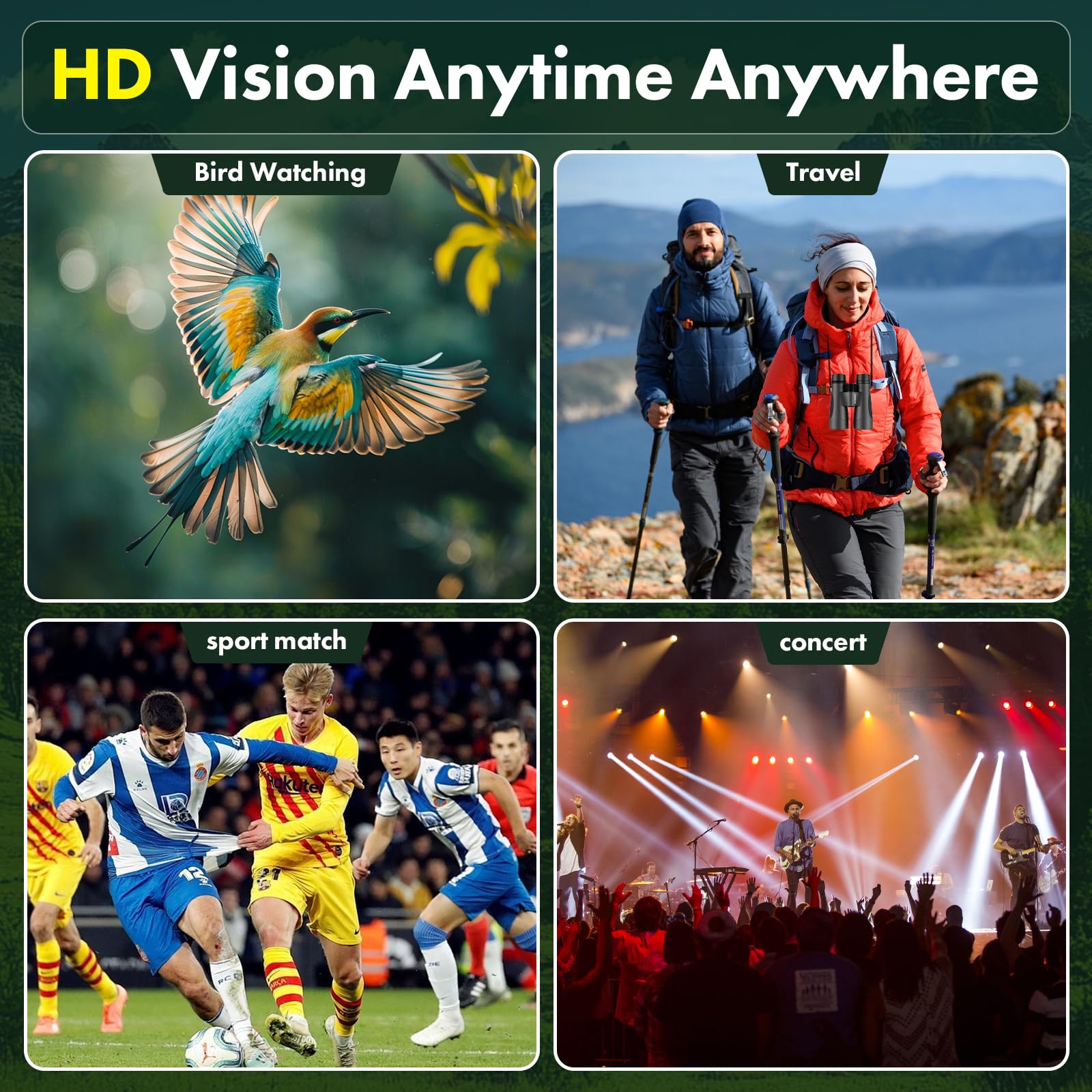 Aurosports 15X52 Binoculars For Adults High Powered: Waterproof Fogproof Shockproof Uhd Binoculars Easy Focus - Large View Travel With Clear Low Light Vision For Bird Watching Hiking Hunting Trip Black