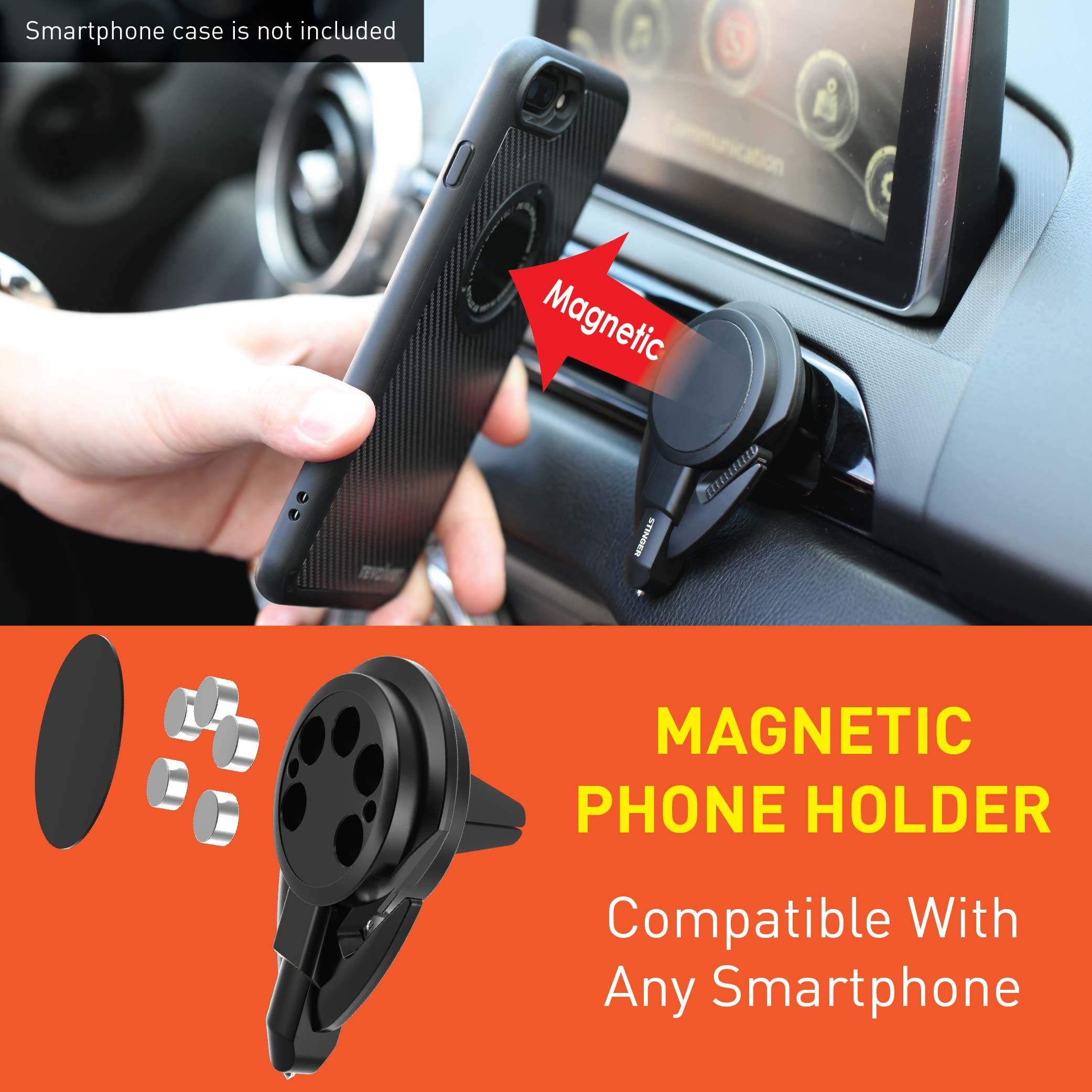 Ztylus Stinger Car Phone Holder With Emergency Escape Tool: Universal Air Vent Magnetic Cell Phone Mount Holder, Spring Loaded Window Breaker, Seat Belt Cutter, Cradle Stand Holder (Black)