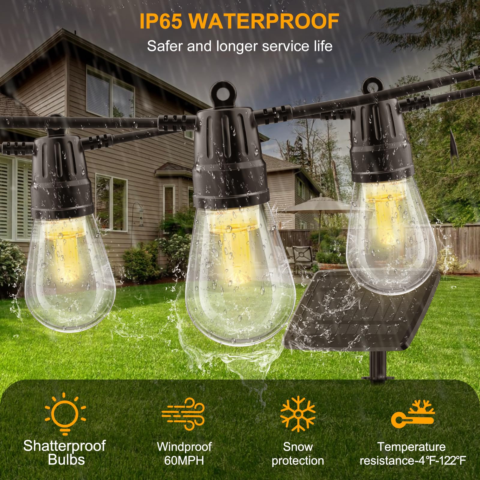 Ysj Solar String Lights Outdoor Waterproof,49Ft 20 Bulb Solar Outdoor String Lights,Solar Powered Outdoor String Lights With Usb-C Port And Remote Control,Camping Decoration Garden (Black)