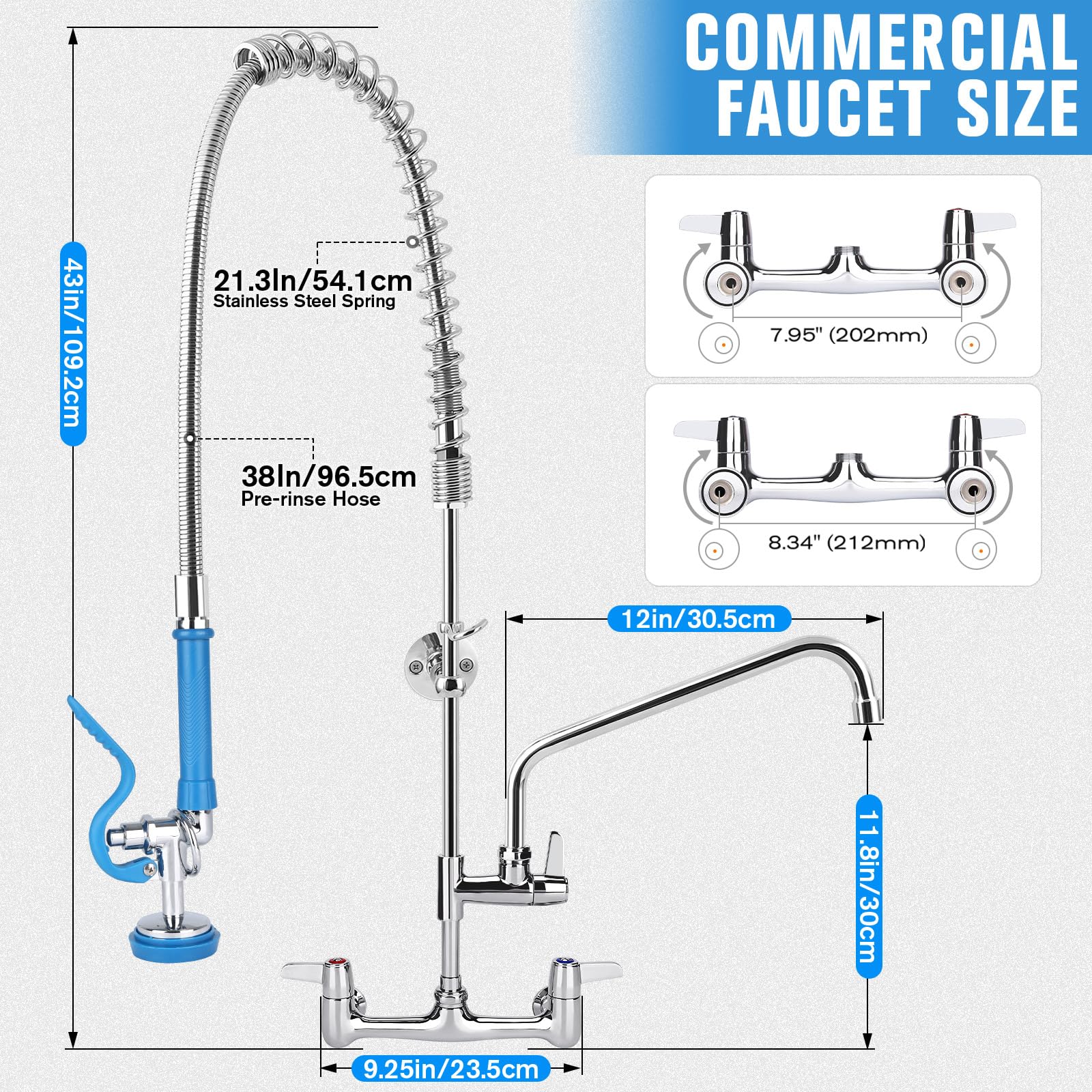 Bzimak 43" Commercial Sink Faucet,Commercial Faucet With Pre-Rinse Sprayer, 8" Adjustable Center & 360° 12Inch Swing Spout, Wall Mount C Ommercial Kitchen Fa Ucet With Sprayer For 1/2/3 Compartment Sink