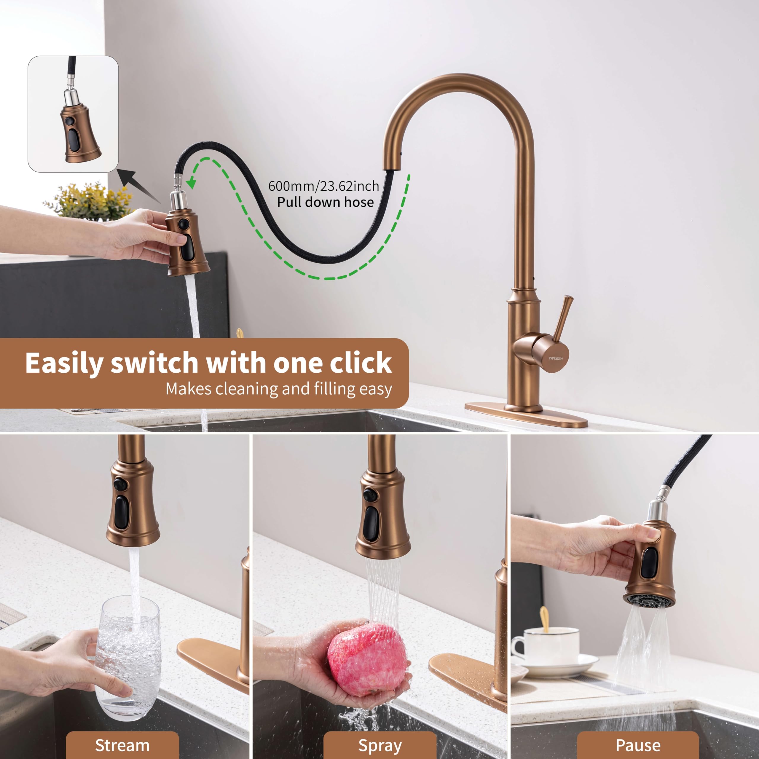 Trysea Rose Gold Kitchen Faucet With Pull Down Sprayer,Stainless Steel Gold Kitchen Faucet With Sprayer,High Arc Gold Faucets With Deck Plate For 1 Hole & 3 Holes Kitchen Sink