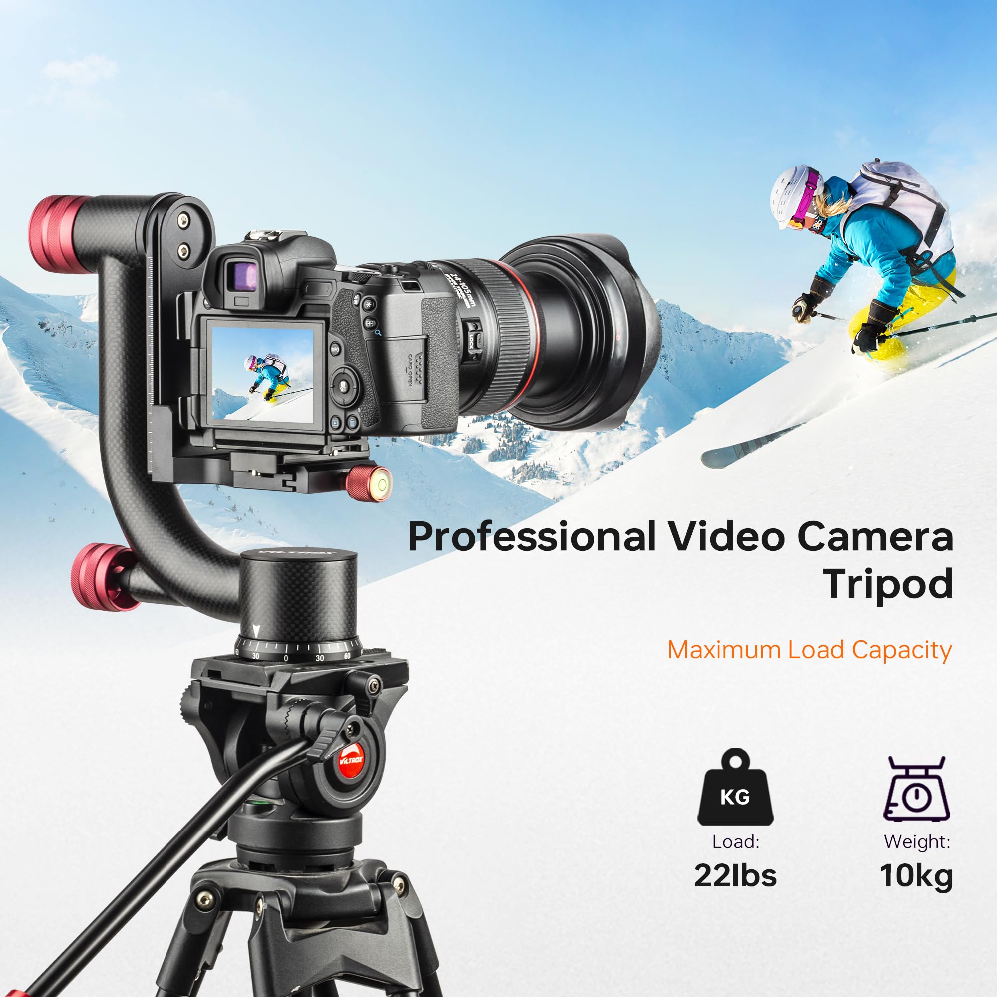 Viltrox 74" Heavy Duty Tripod, Video Tripod With Adjustable Damping 360° Fluid Head, Professional Camera Tripod With Universality Qr Plate,Flexible 360° Pan&+90°/-75° Tilt, Max Load 22Lb/10Kg