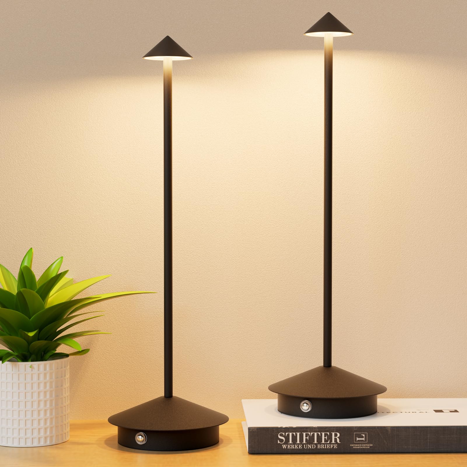 Aoceley 2-Pack 6000Mah Rechargeable Led Table Lamps,Outdoor Cordless Table Lamp Waterproof Portable, 3-Color Stepless Dimmable Modern Lamp For Restaurant/Bedroom(Black)