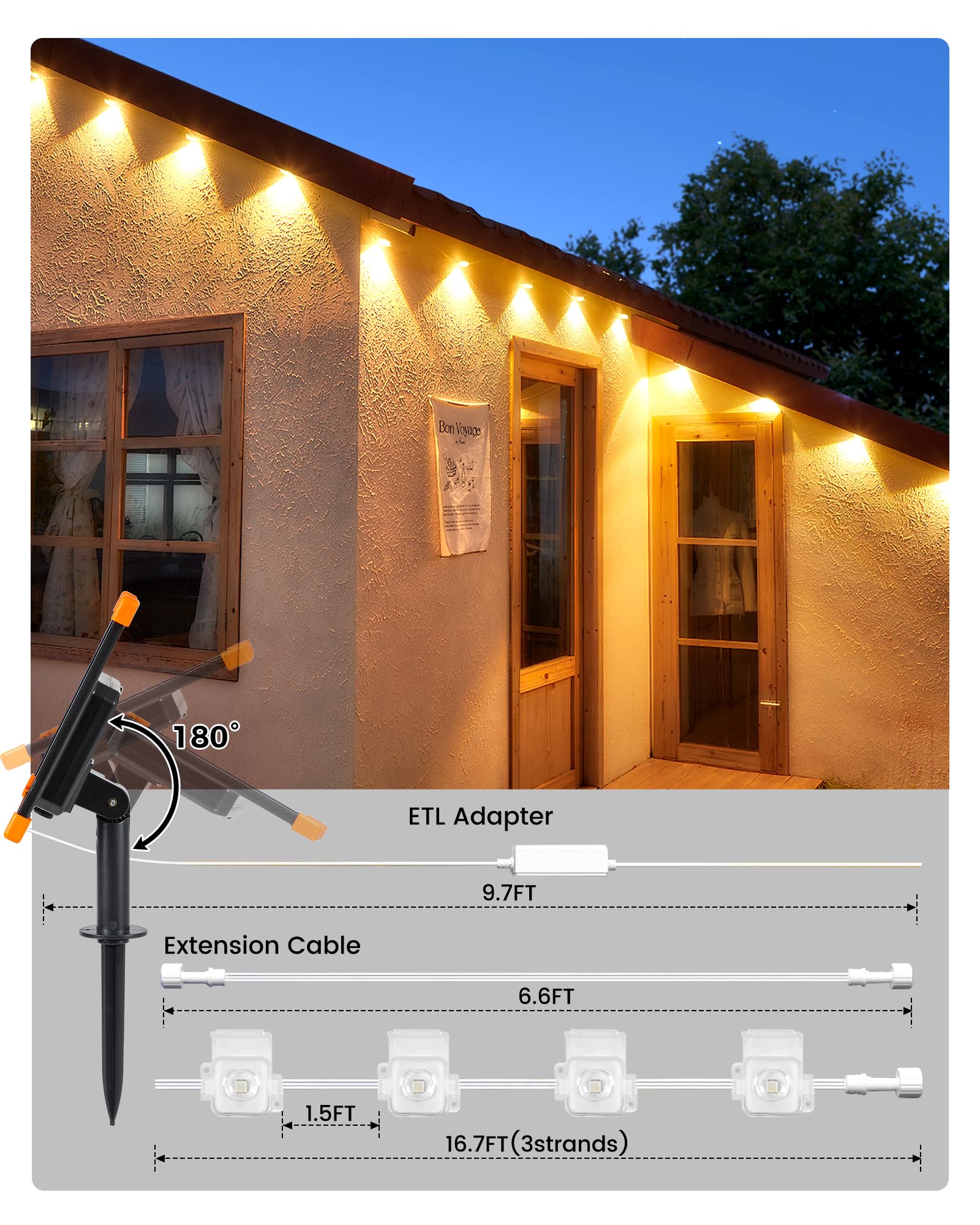 Lifengsoler Permanent Outdoor Lights - 32.8Ft Solar Powered Eaves Lights With 20 Leds, 9000Mah, Ip68 Waterproof For Holiday, Birthday Party, Christmas Decor, Home Safety