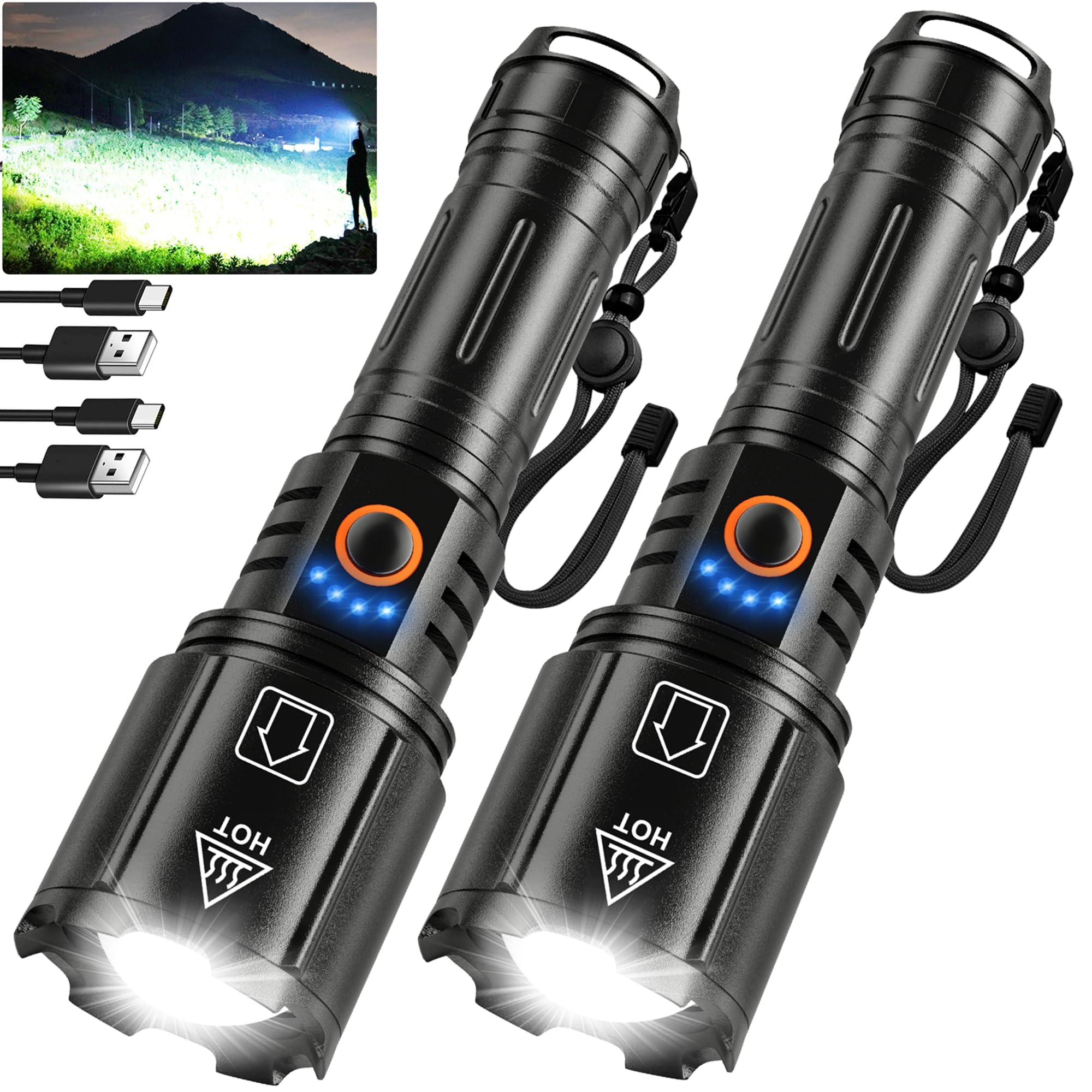 Niaochao High Lumens Rechargeable Flashlight, 2 Pack High Lumen Super Bright Flashlights For Home,5 Modes,Ipx6 Waterproof,Slip Resistant