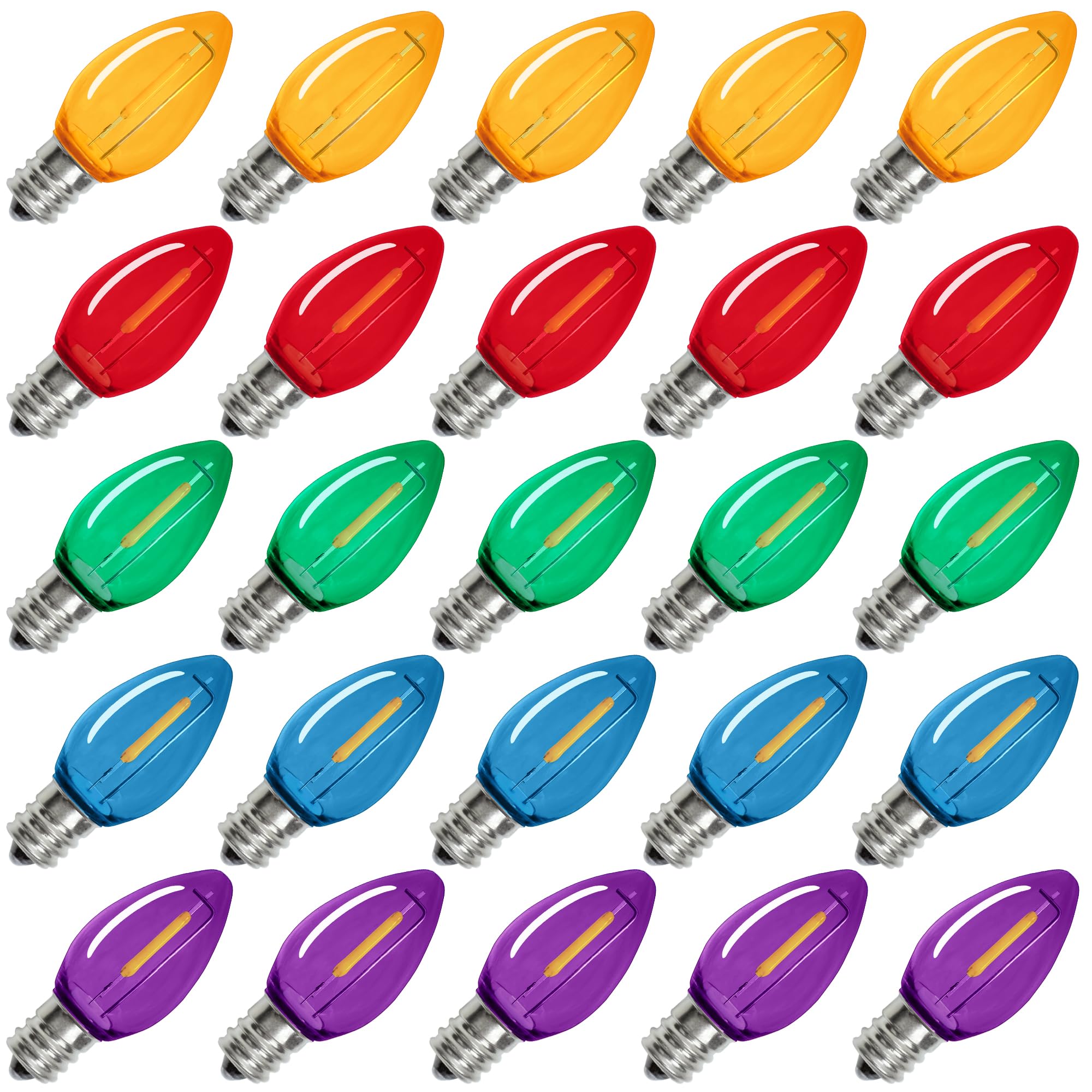 Bort 25 Pack C7 Led Replacement Light Bulb, Shatterproof C7 Led Bulbs For Christmas Outdoor String Lights, E12 Candelabra Base, Commercial Grade Holiday Bulbs - Multicolor
