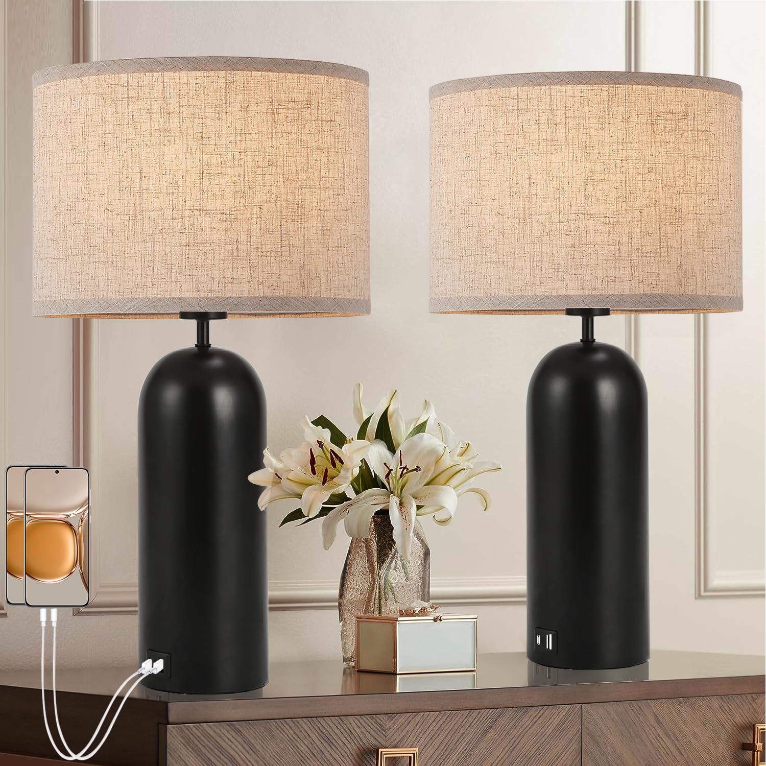 Momyofdy Table Lamps Set Of 2 Touch Control Black&Cream Table Lamps 3-Way Dimmable Lamps With Usb A+C Ports Modern End Table Lamps For Living Room Tall Bedside Nightstand Lamps For Bedroom 22Inch